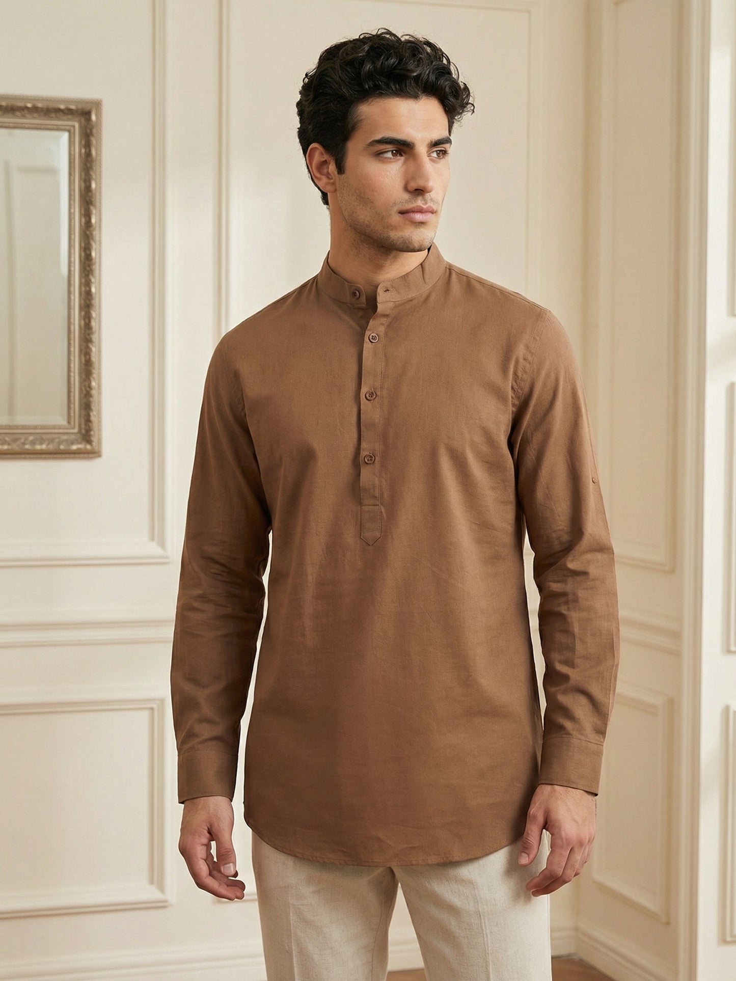 Men’s Solid Pure Cotton Short Kurta ( 65SK 5398Brown ) [FF] [P-16]