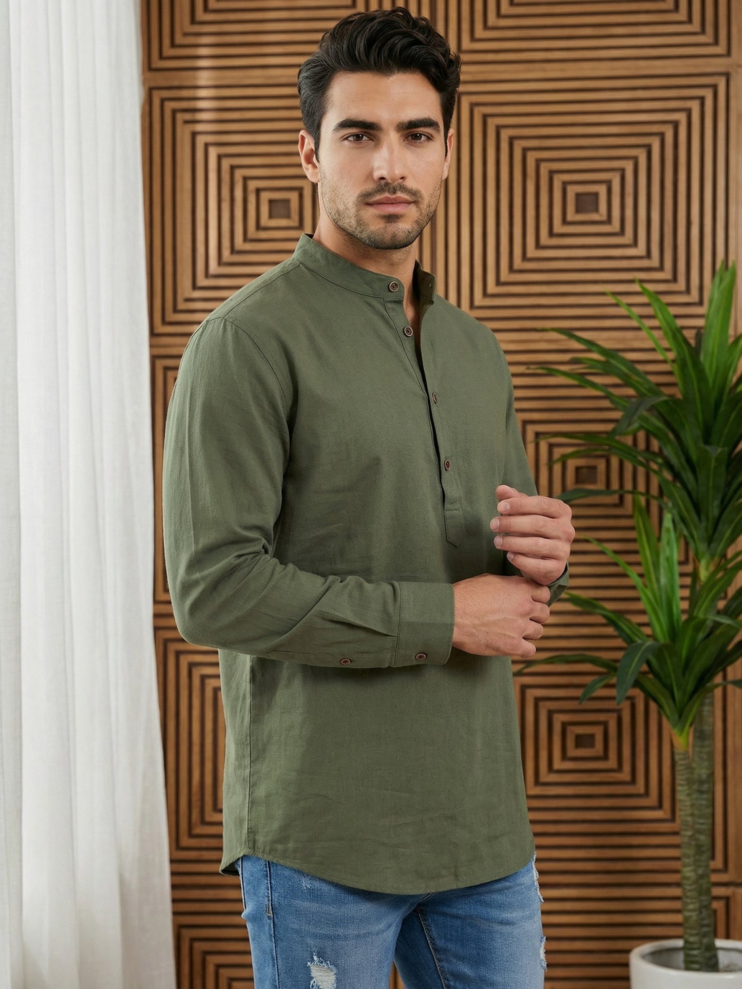 Men’s Solid Pure Cotton Short Kurta ( 65SK 5398Olive ) [FF] [P-16]