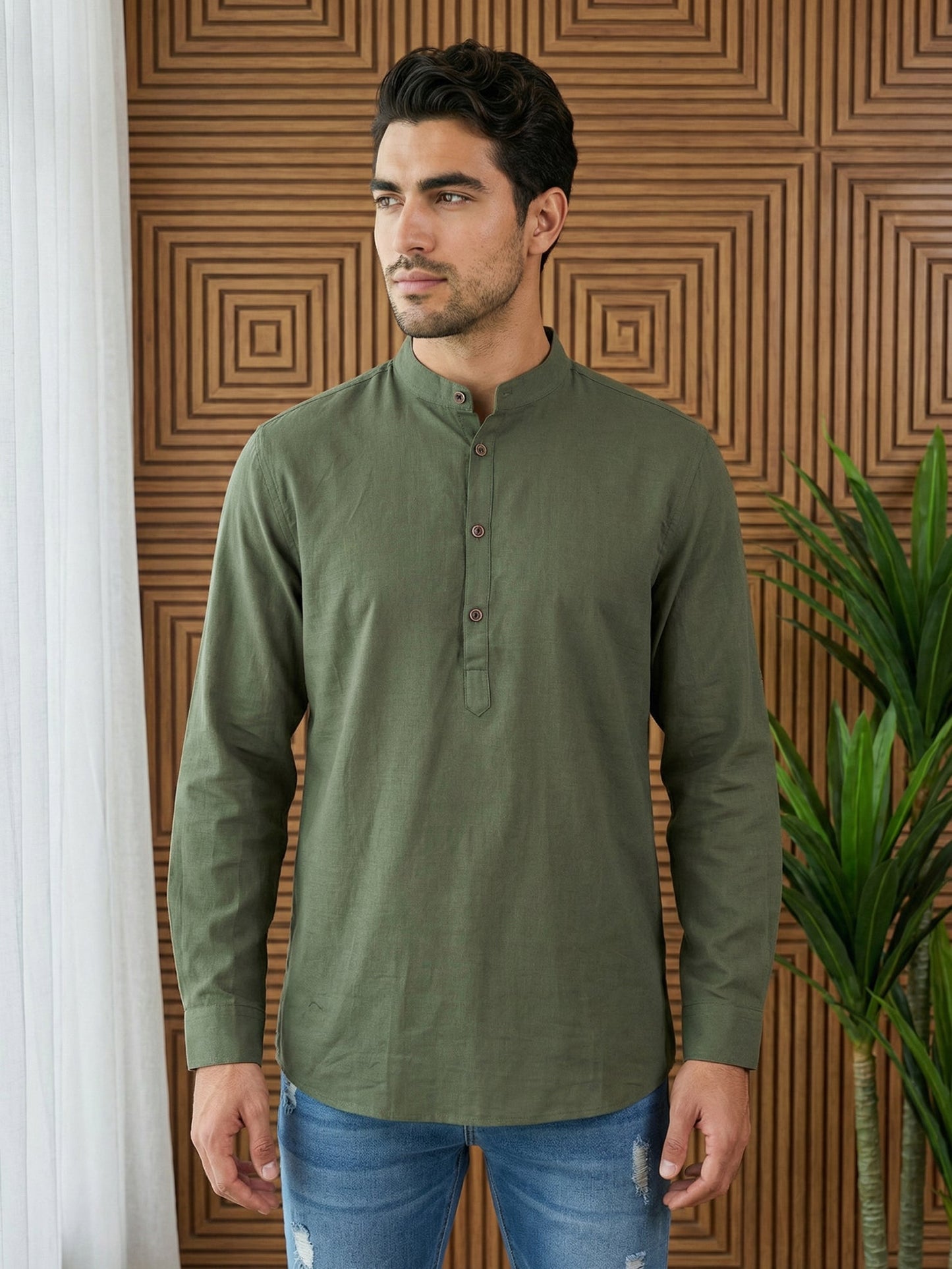 Men’s Solid Pure Cotton Short Kurta ( 65SK 5398Olive ) [FF] [P-16]