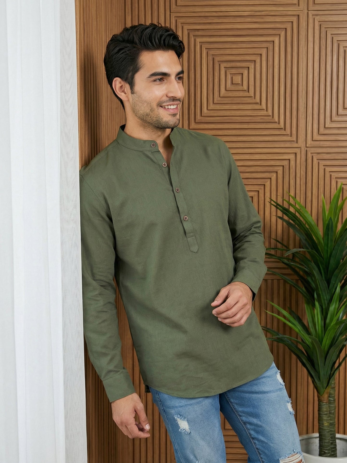 Men’s Solid Pure Cotton Short Kurta ( 65SK 5398Olive ) [FF] [P-16]