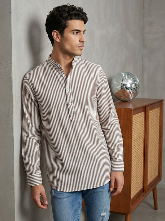 Men’s Beige Striped Short Kurta ( ANMSK 5456Beige )