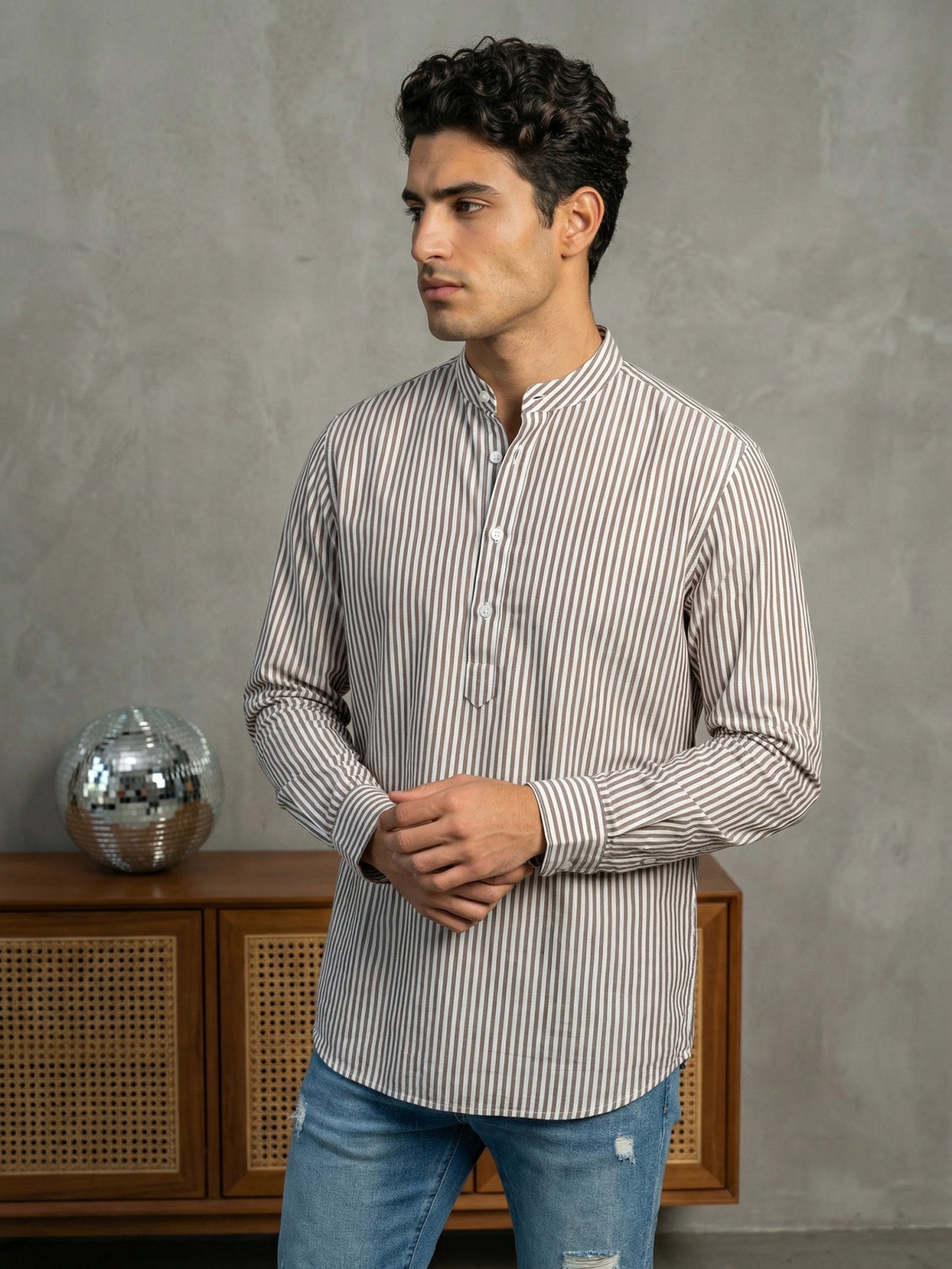Men’s Beige Striped Short Kurta ( 65SK 5456Beige ) [FF] [O-6]