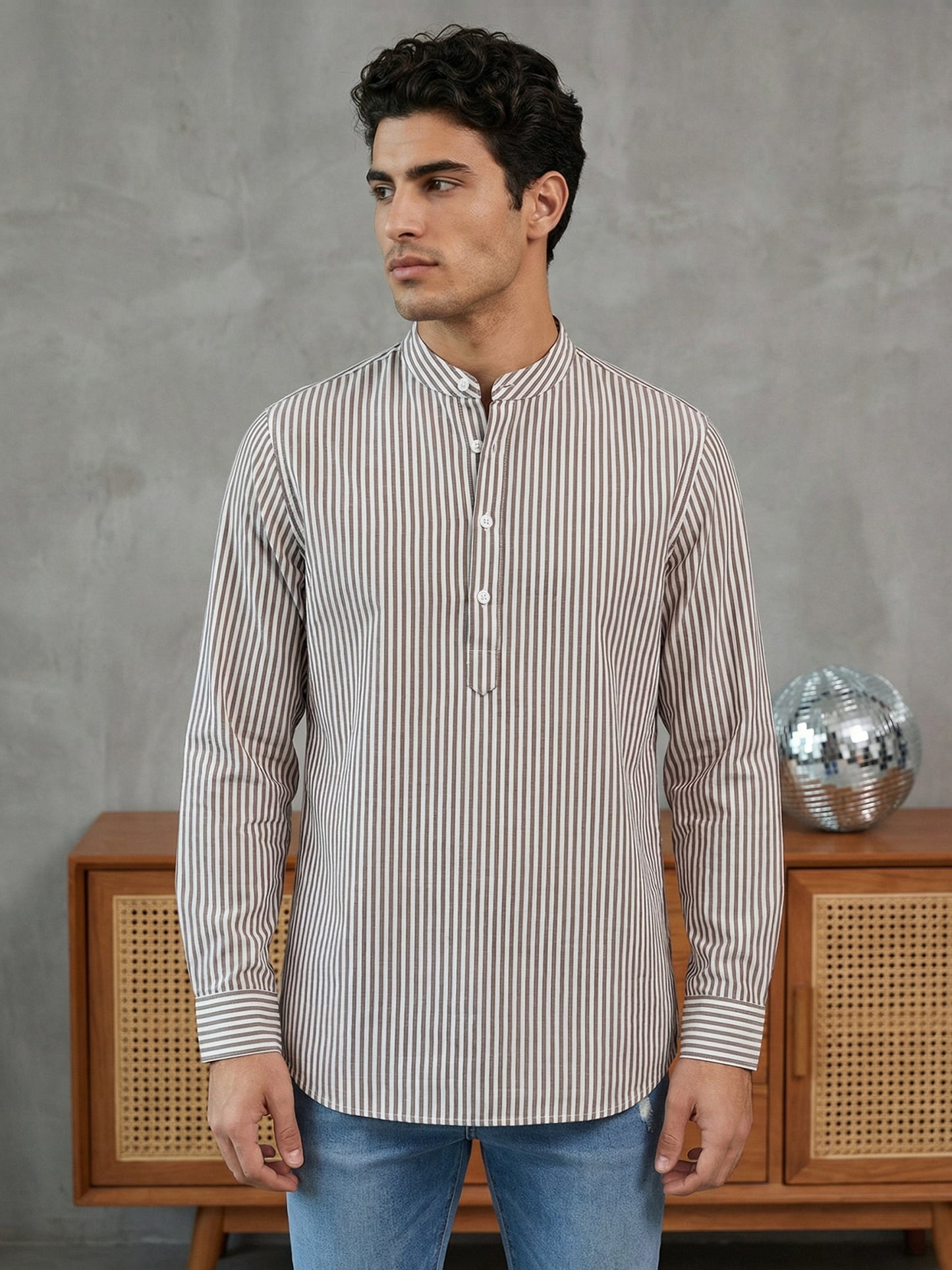 Men’s Beige Striped Short Kurta ( 65SK 5456Beige ) [FF] [O-6]