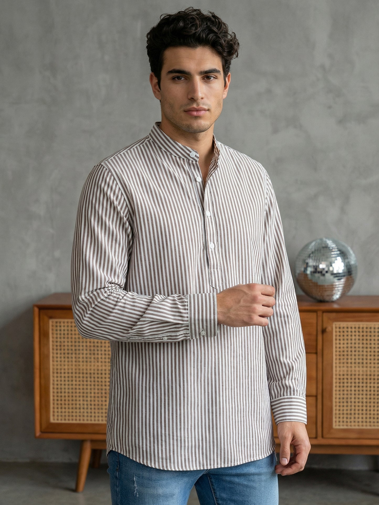 Men’s Beige Striped Short Kurta ( ANMSK 5456Beige )