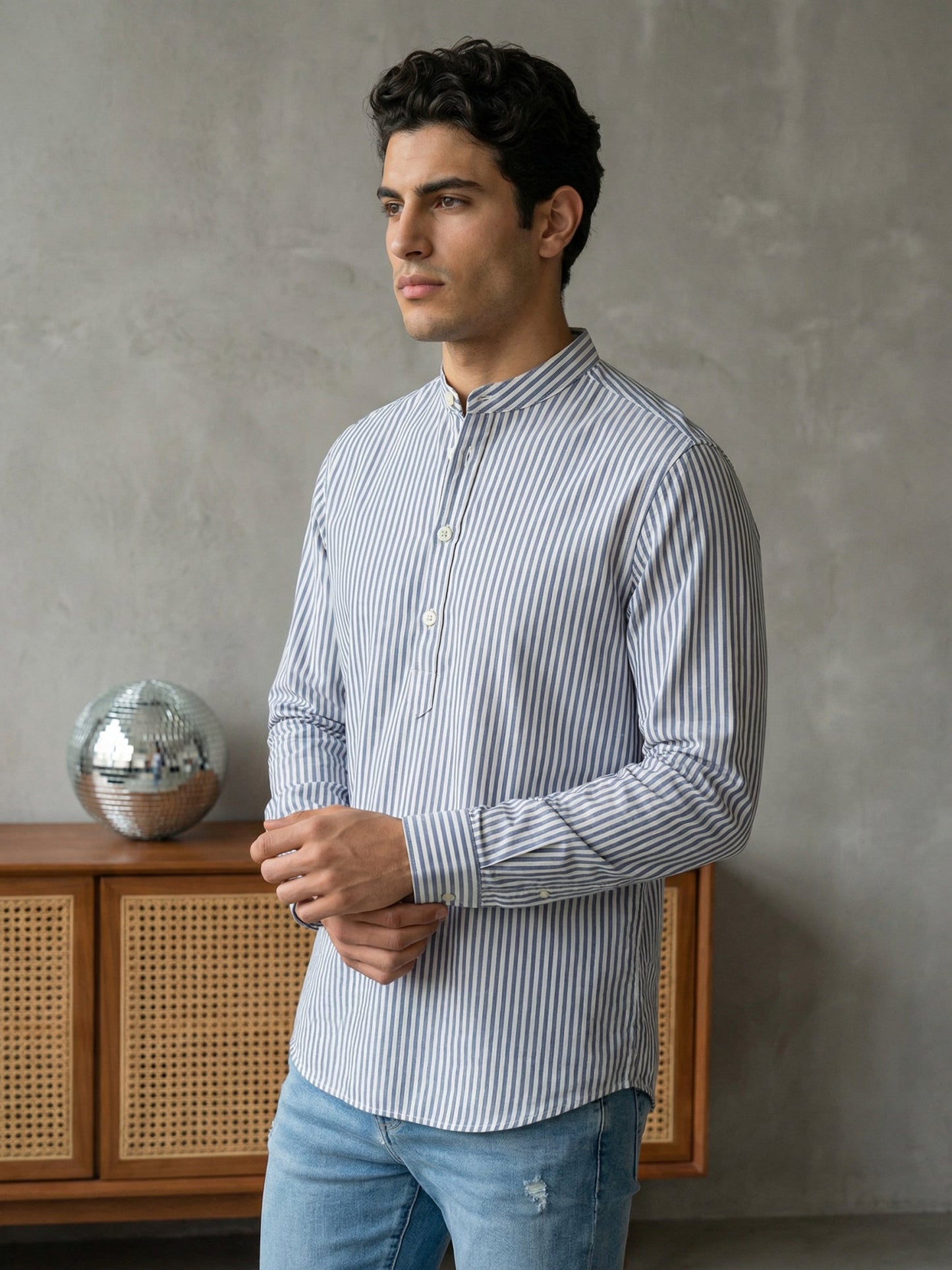 Men’s Blue Striped Short Kurta ( 65SK 5456Blue ) [FF] [O-6]
