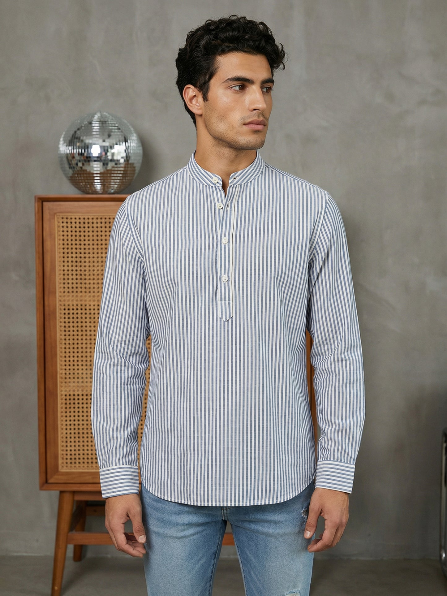 Men’s Blue Striped Short Kurta ( ANMSK 5456Blue )