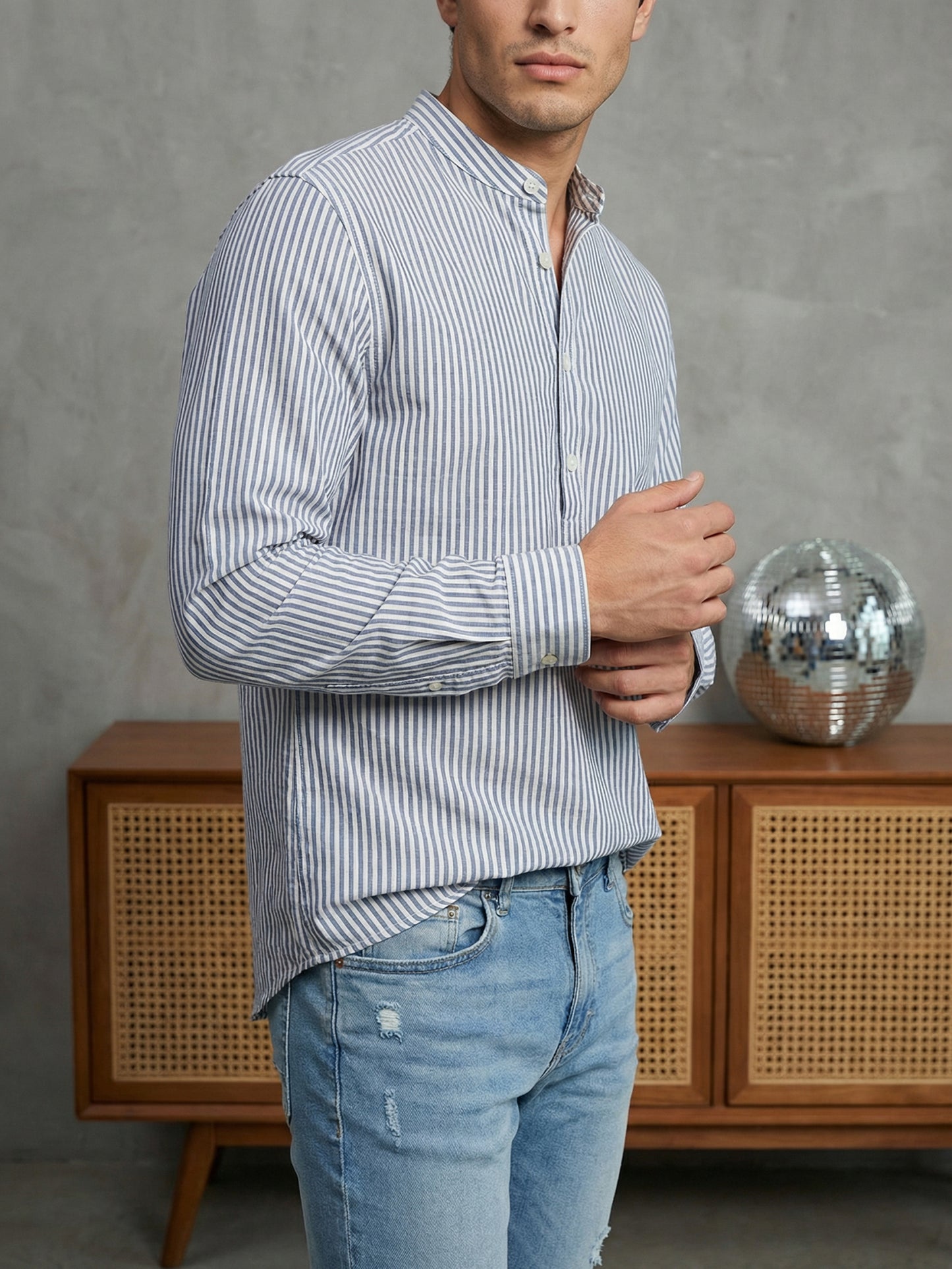 Men’s Blue Striped Short Kurta ( ANMSK 5456Blue )