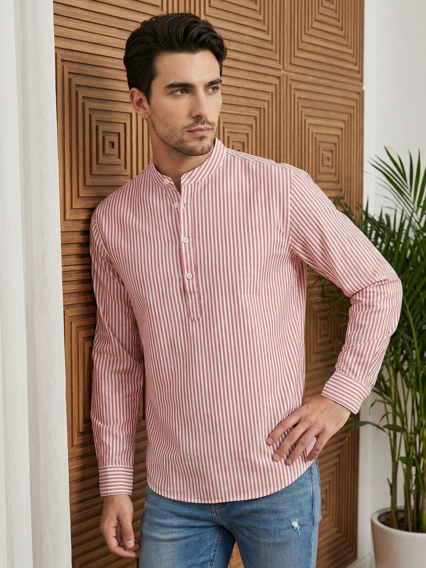 Men’s Coral Striped Short Kurta ( ANMSK 5456Coral )