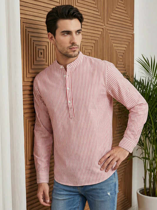 Men’s Coral Striped Short Kurta ( ANMSK 5456Coral )