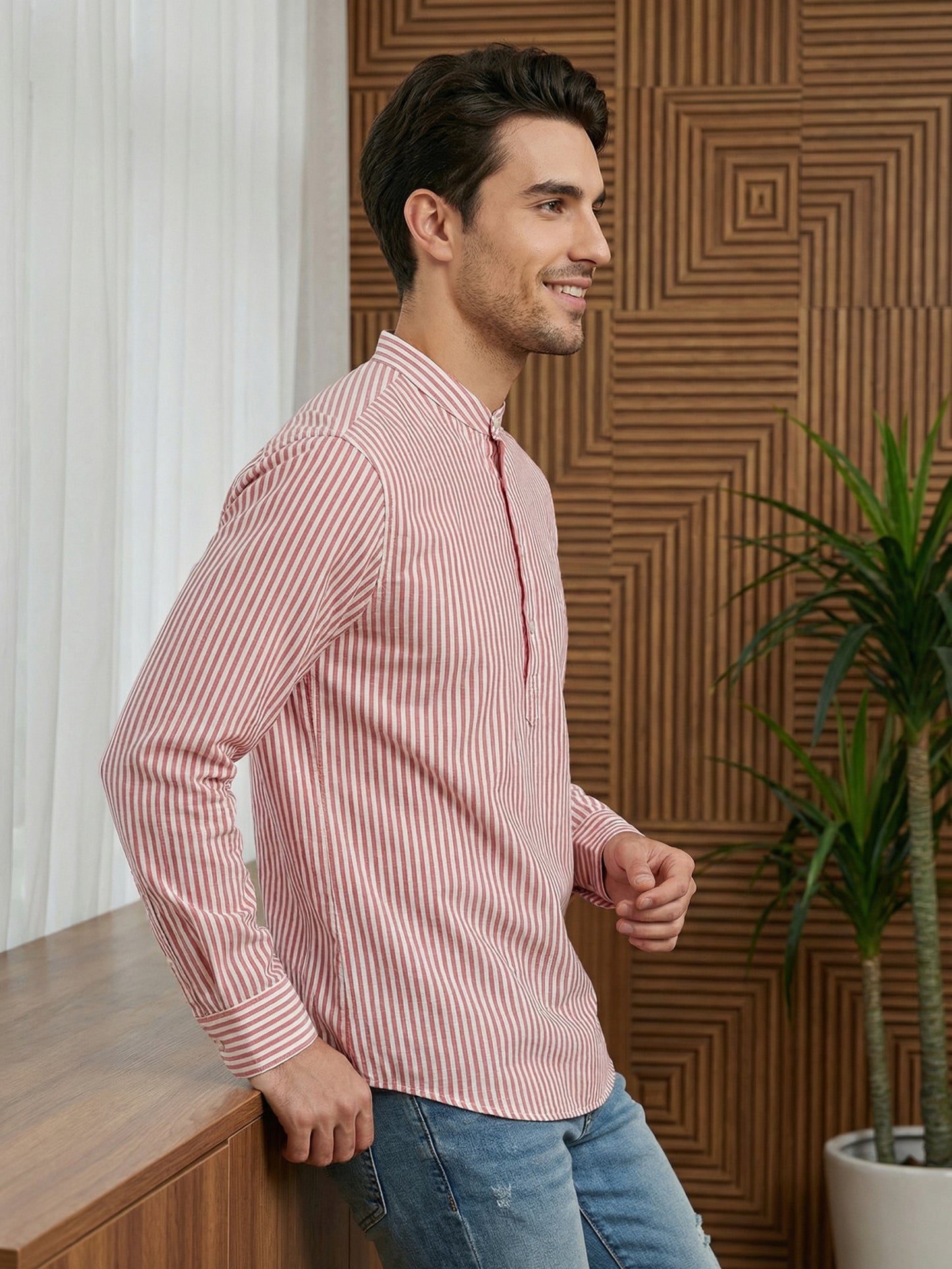 Men’s Coral Striped Short Kurta ( ANMSK 5456Coral )