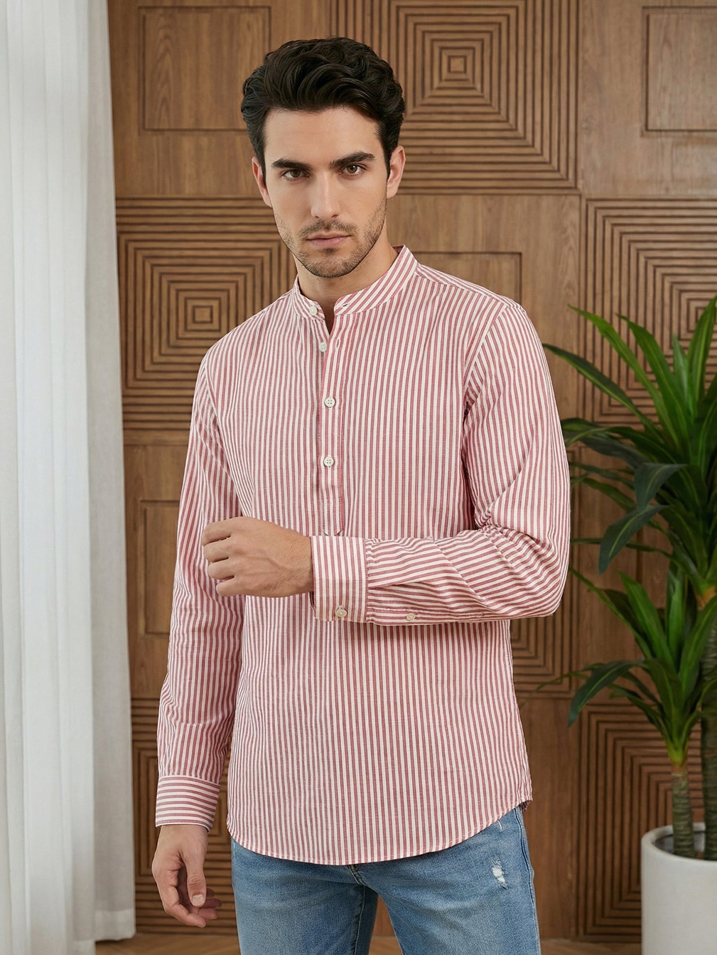 Men’s Coral Striped Short Kurta ( 65SK 5456Coral ) [FF] [O-6]