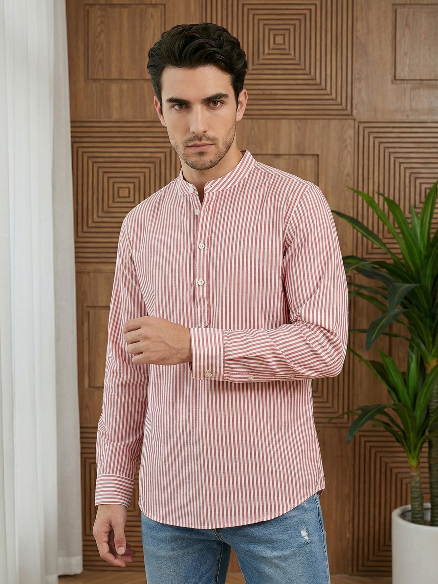Men’s Coral Striped Short Kurta ( ANMSK 5456Coral )