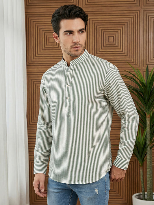 Men’s Green Striped Short Kurta ( ANMSK 5456Green )