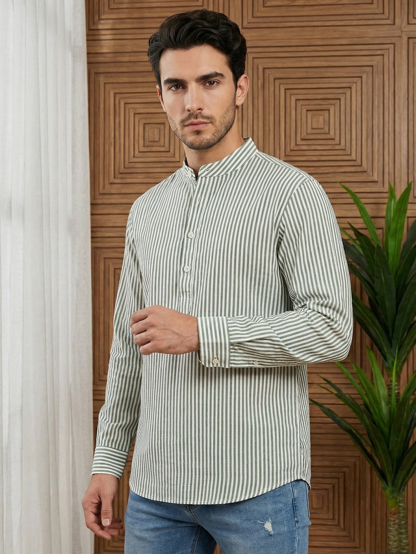 Men’s Green Striped Short Kurta ( 65SK 5456Green ) [FF] [O-6]