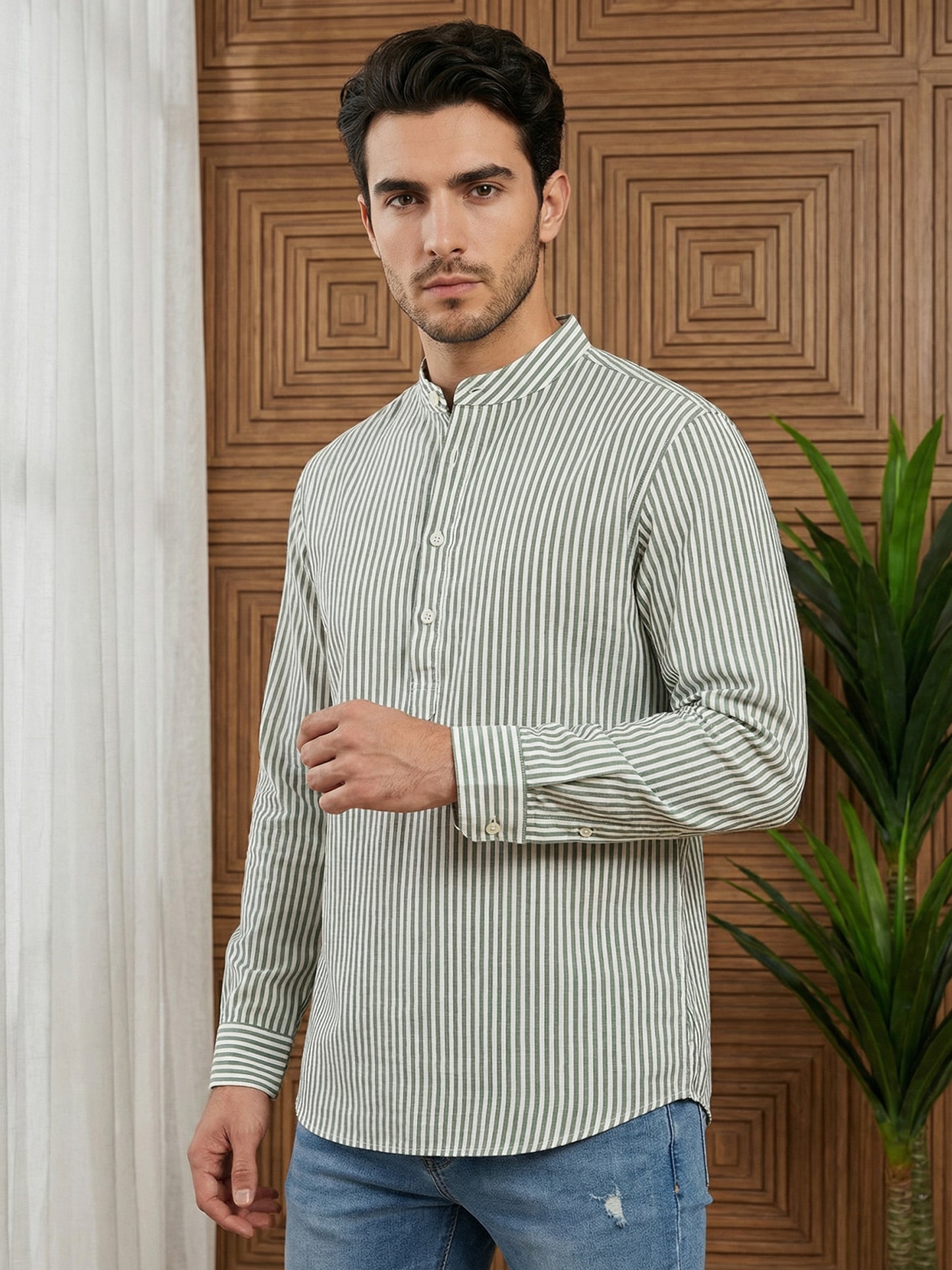 Men’s Green Striped Short Kurta ( ANMSK 5456Green )