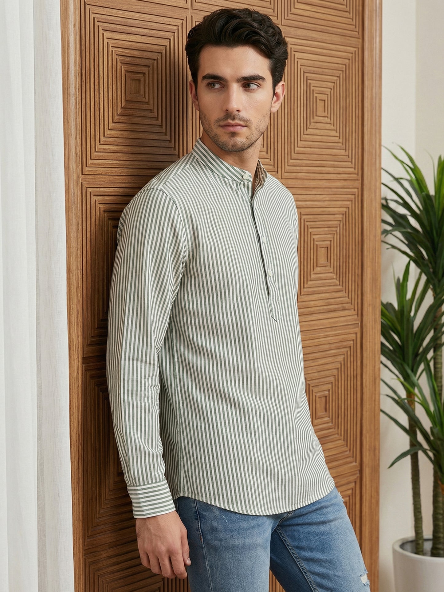 Men’s Green Striped Short Kurta ( ANMSK 5456Green )