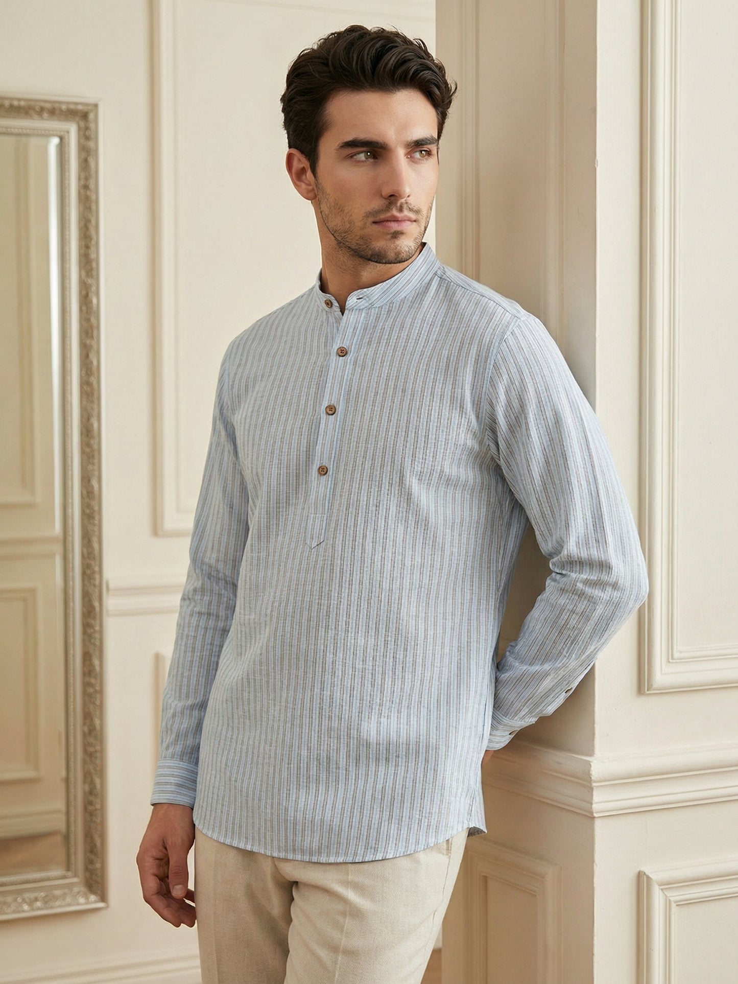 Men’s Sky Blue Striped Short Kurta ( 65SK 5471Sky ) [FF] [K-14]