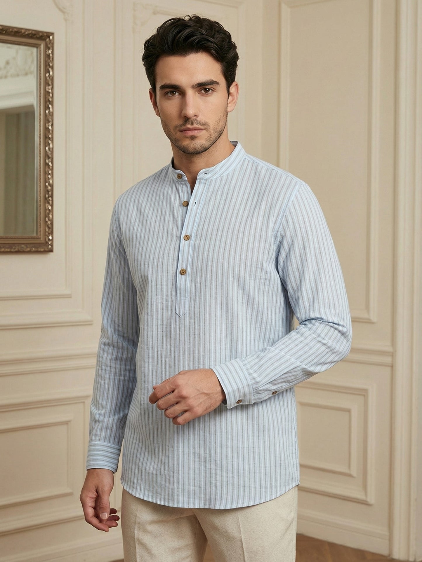 Men’s Sky Blue Striped Short Kurta ( 65SK 5471Sky ) [FF] [K-14]