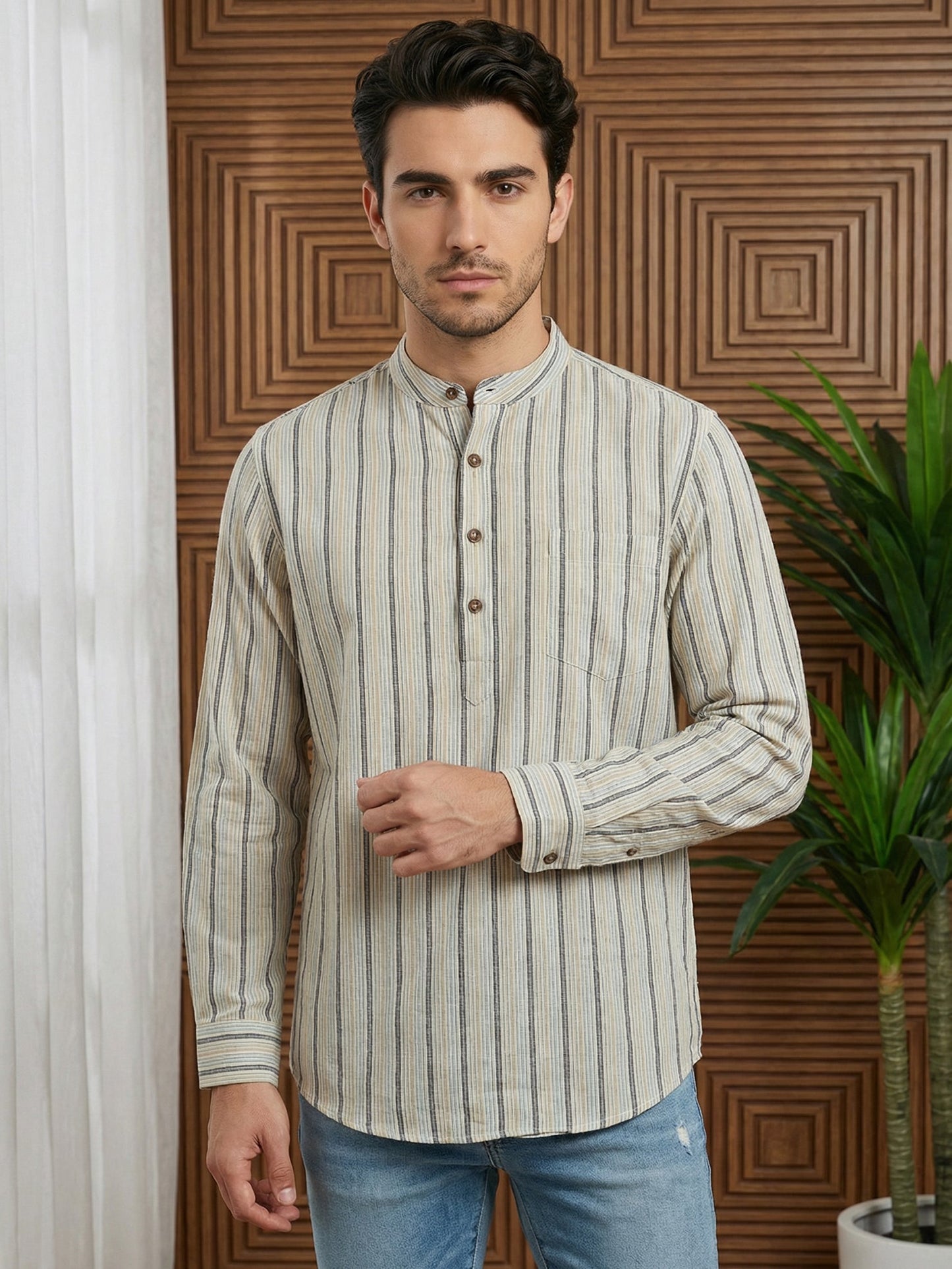 Men’s Yellow Striped Short Kurta ( 65SK 5471Yellow ) [FF] [K-14]