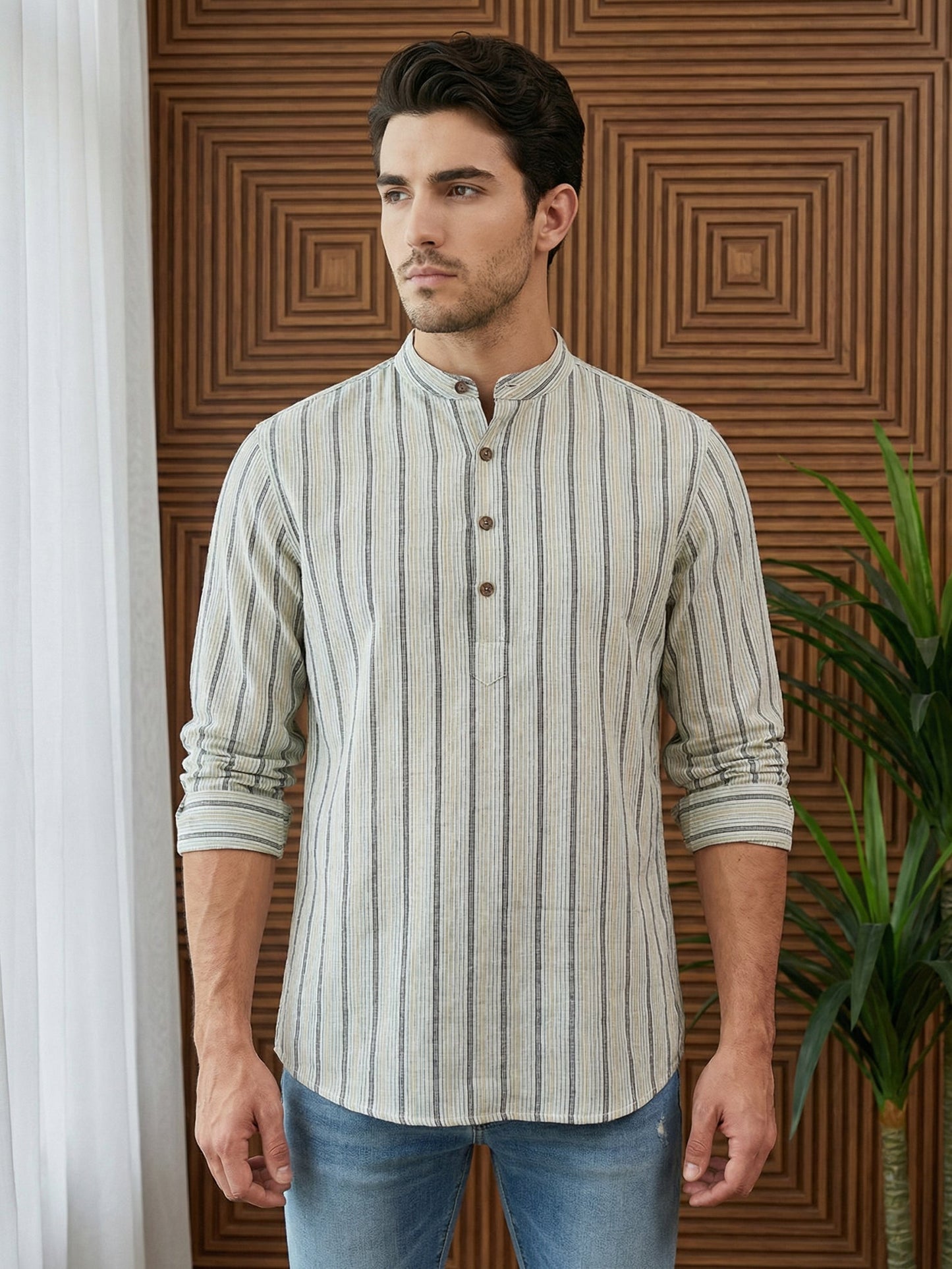 Men’s Yellow Striped Short Kurta ( 65SK 5471Yellow ) [FF] [K-14]