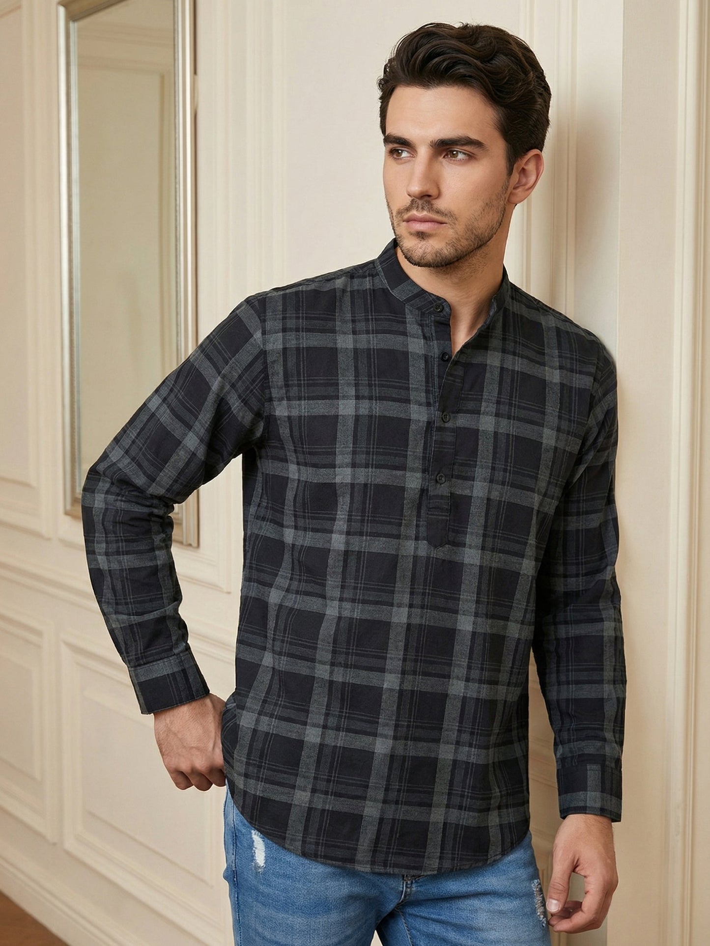 Men Classic Check Design Short Kurta ( 65SK 5486Grey ) [FF] [K-14]