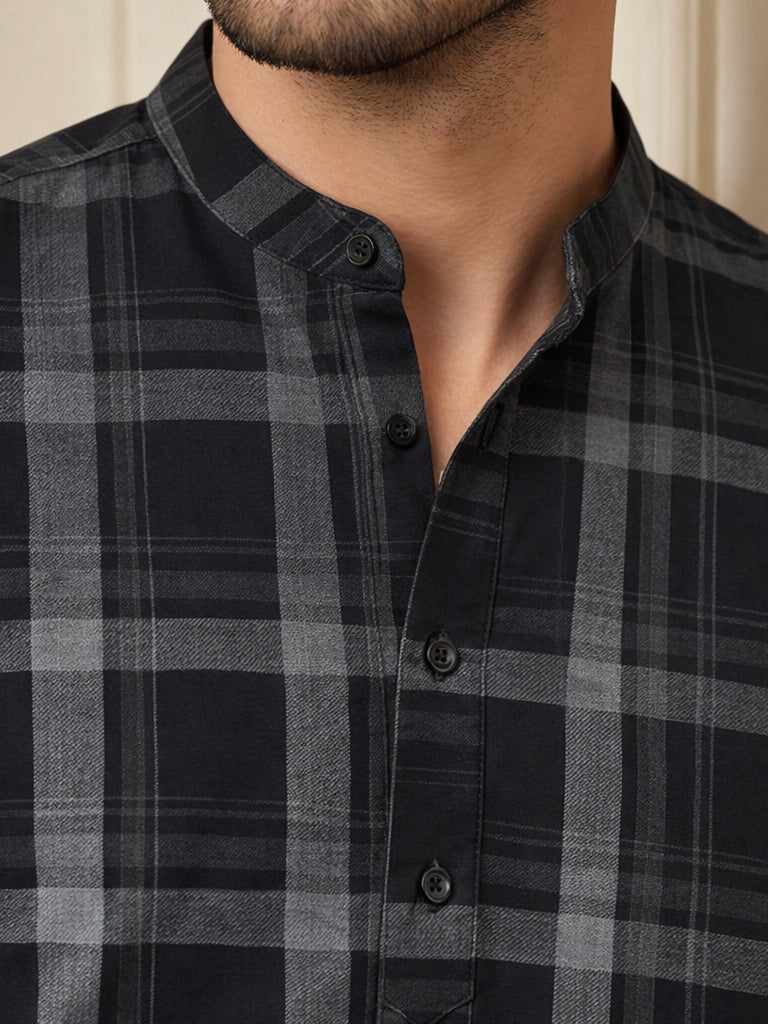 Men Classic Check Design Short Kurta ( 65SK 5486Grey ) [FF] [K-14]