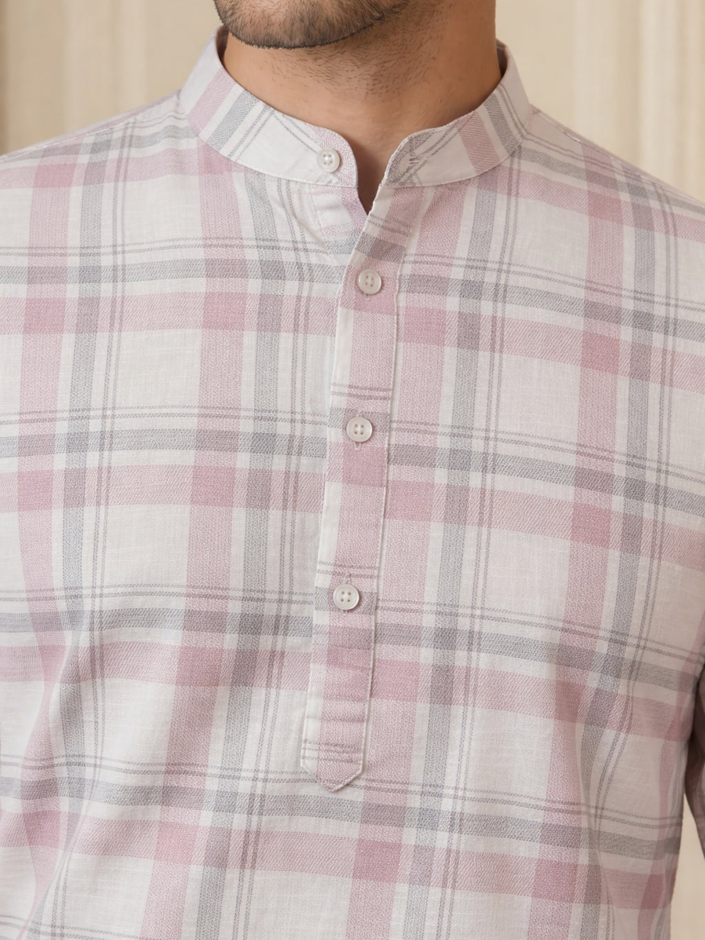 Men Classic Check Design Short Kurta ( 65SK 5486Pink ) [FF] [K-14]