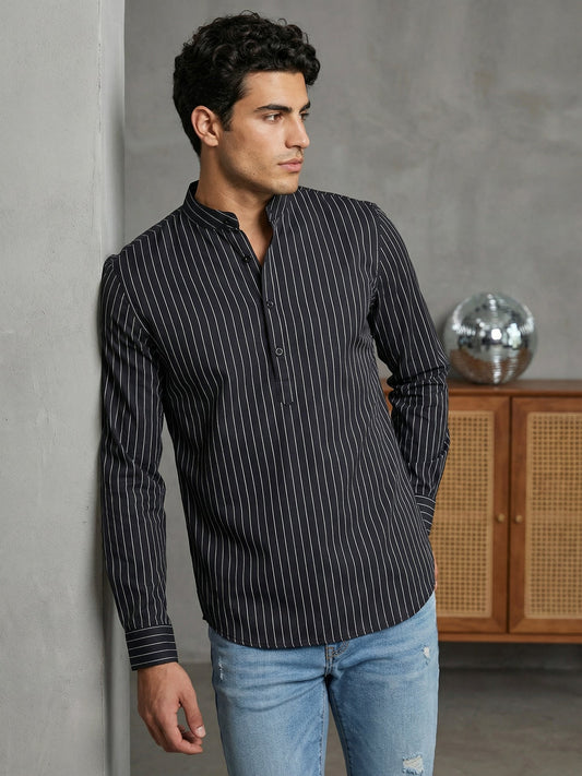 Men's Cotton Striped Short Kurta ( 65SK 5488Black ) [FF] [A-14]