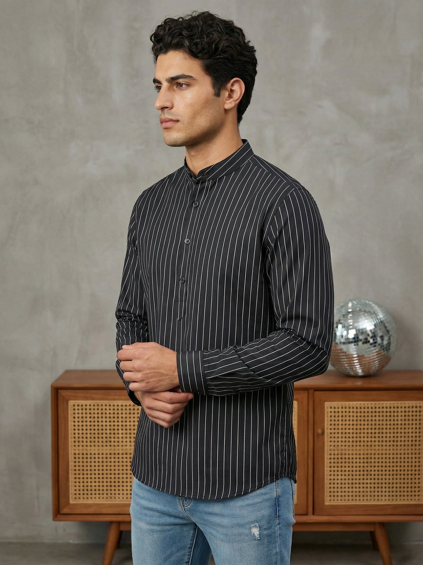 Men's Cotton Striped Short Kurta ( 65SK 5488Black ) [FF] [A-14]