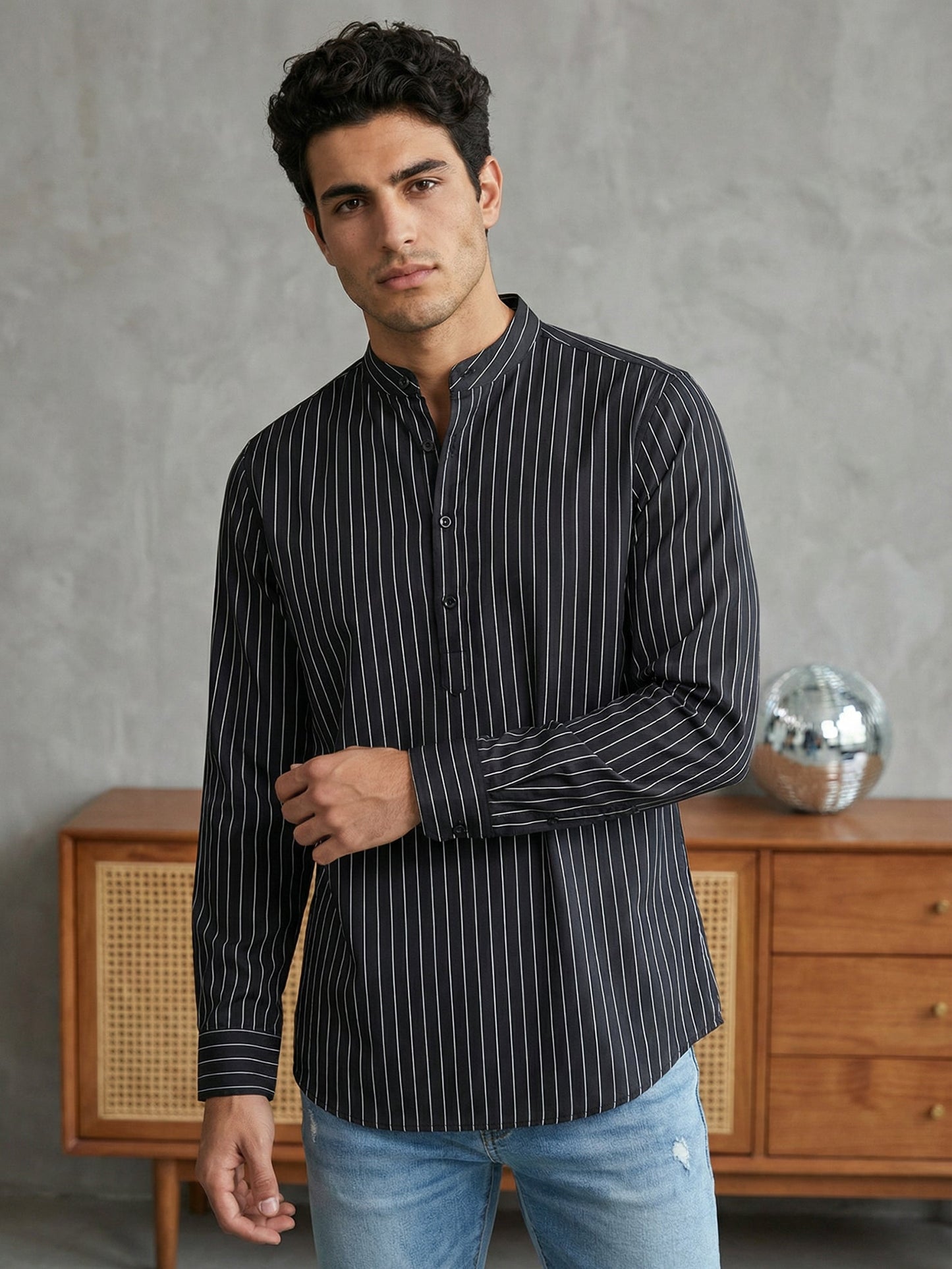 Men's Cotton Striped Short Kurta ( 65SK 5488Black ) [FF] [A-14]