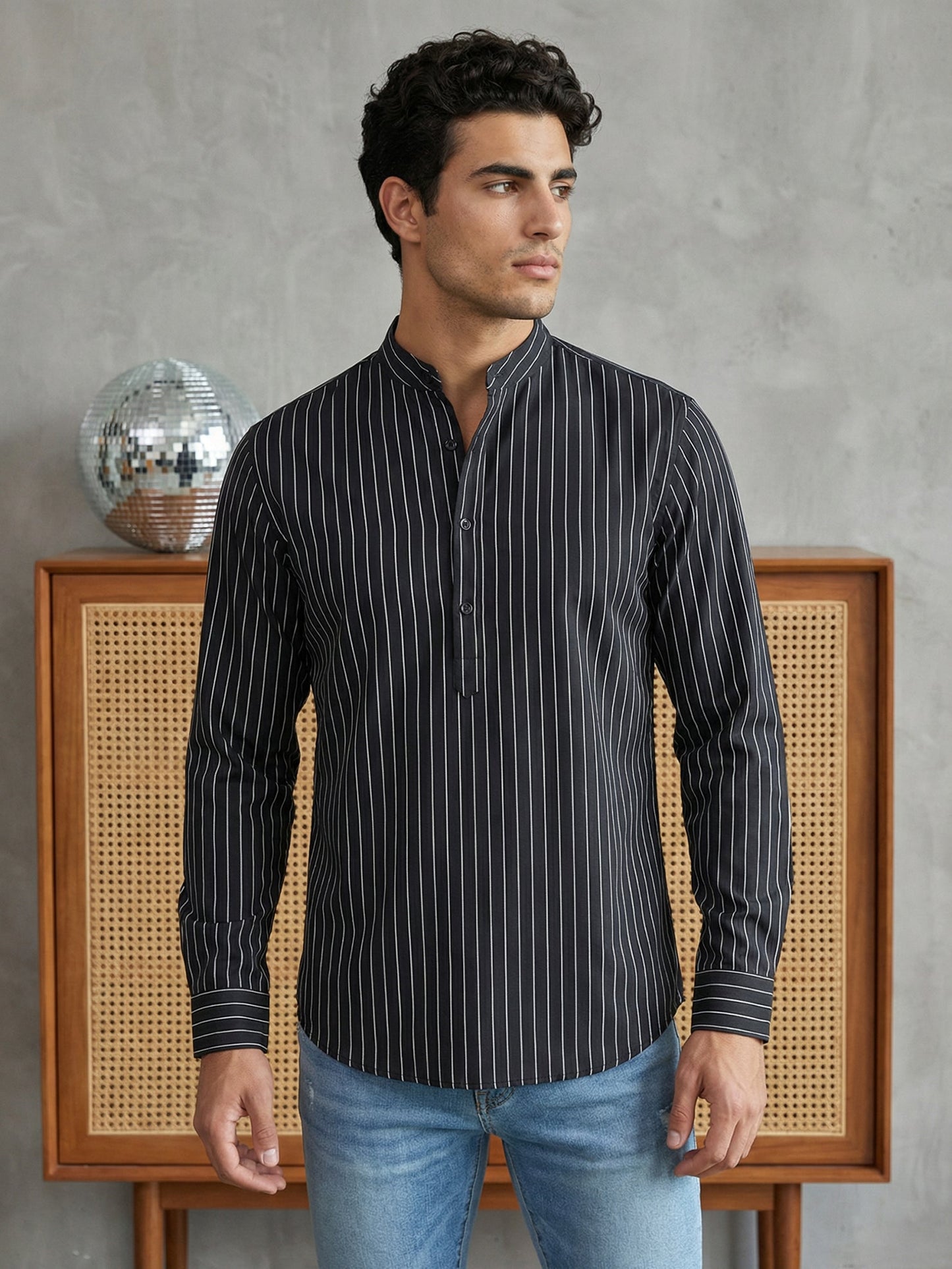 Men's Cotton Striped Short Kurta ( 65SK 5488Black ) [FF] [A-14]