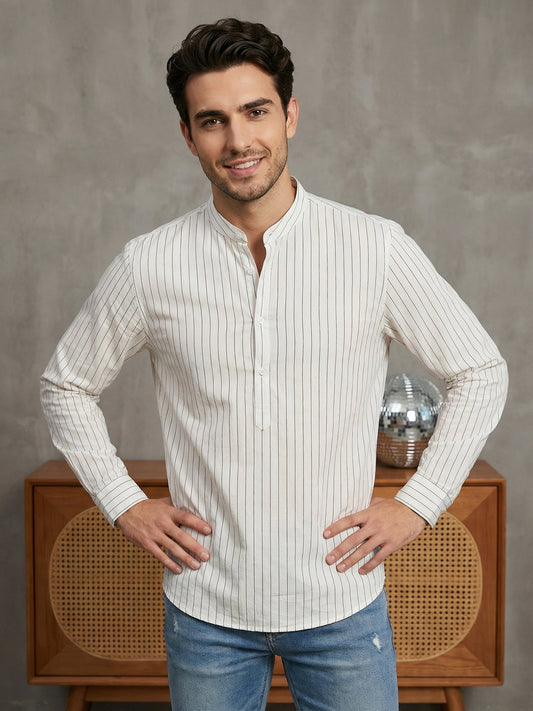 Men's Cotton Striped Short Kurta ( 65SK 5488White ) [FF] [A-14]