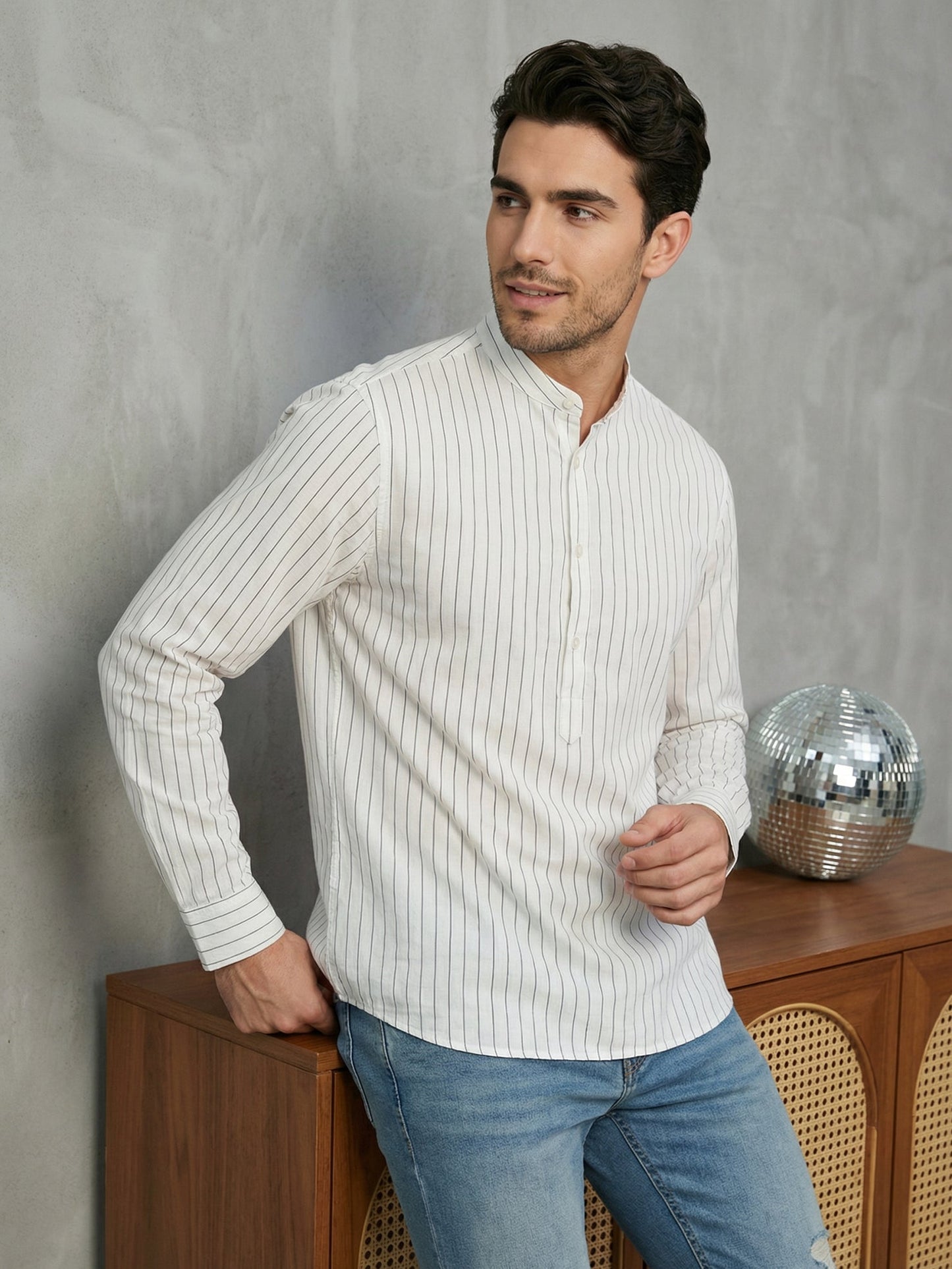 Men's Cotton Striped Short Kurta ( 65SK 5488White ) [FF] [A-14]