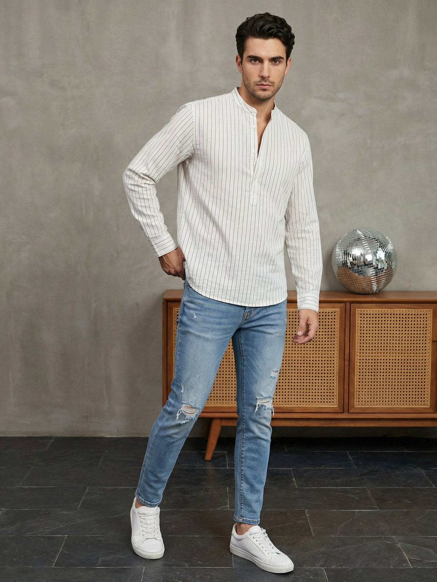 Men's Cotton Striped Short Kurta ( 65SK 5488White ) [FF] [A-14]