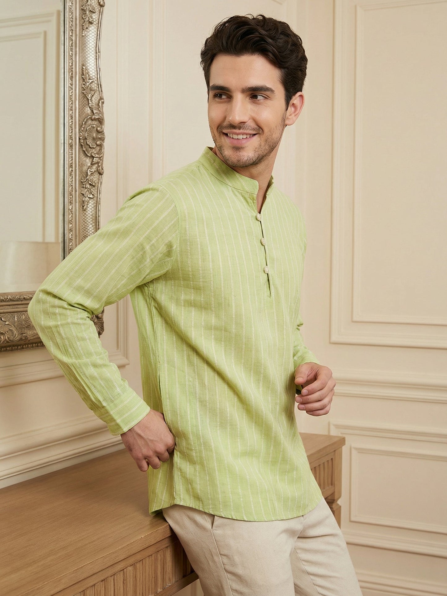 Men Striped Cotton Blend Short Kurta ( 65SK 5495Green ) [FF] [K-14]