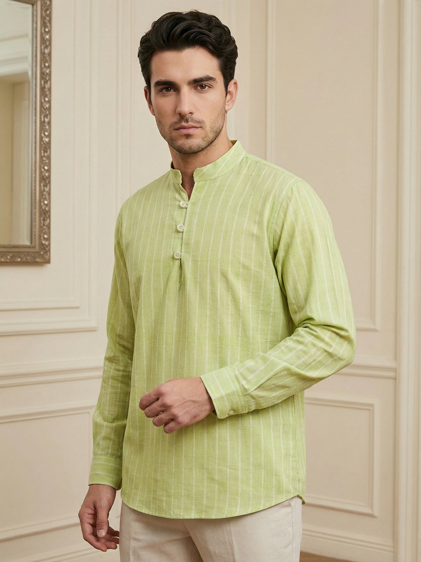 Men Striped Cotton Blend Short Kurta ( 65SK 5495Green ) [FF] [K-14]