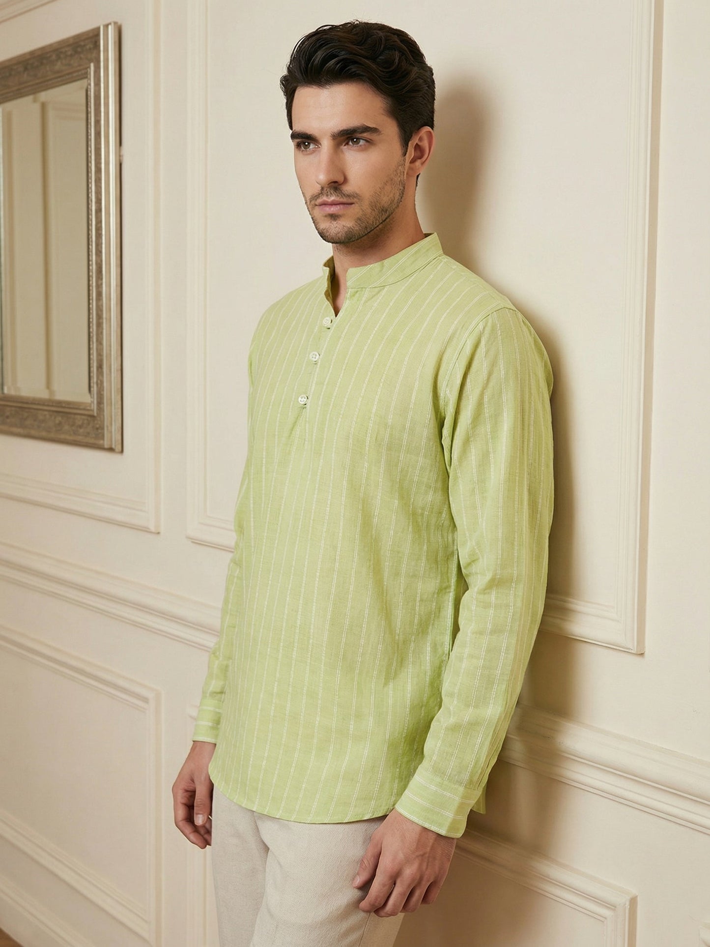 Men Striped Cotton Blend Short Kurta ( 65SK 5495Green ) [FF] [K-14]