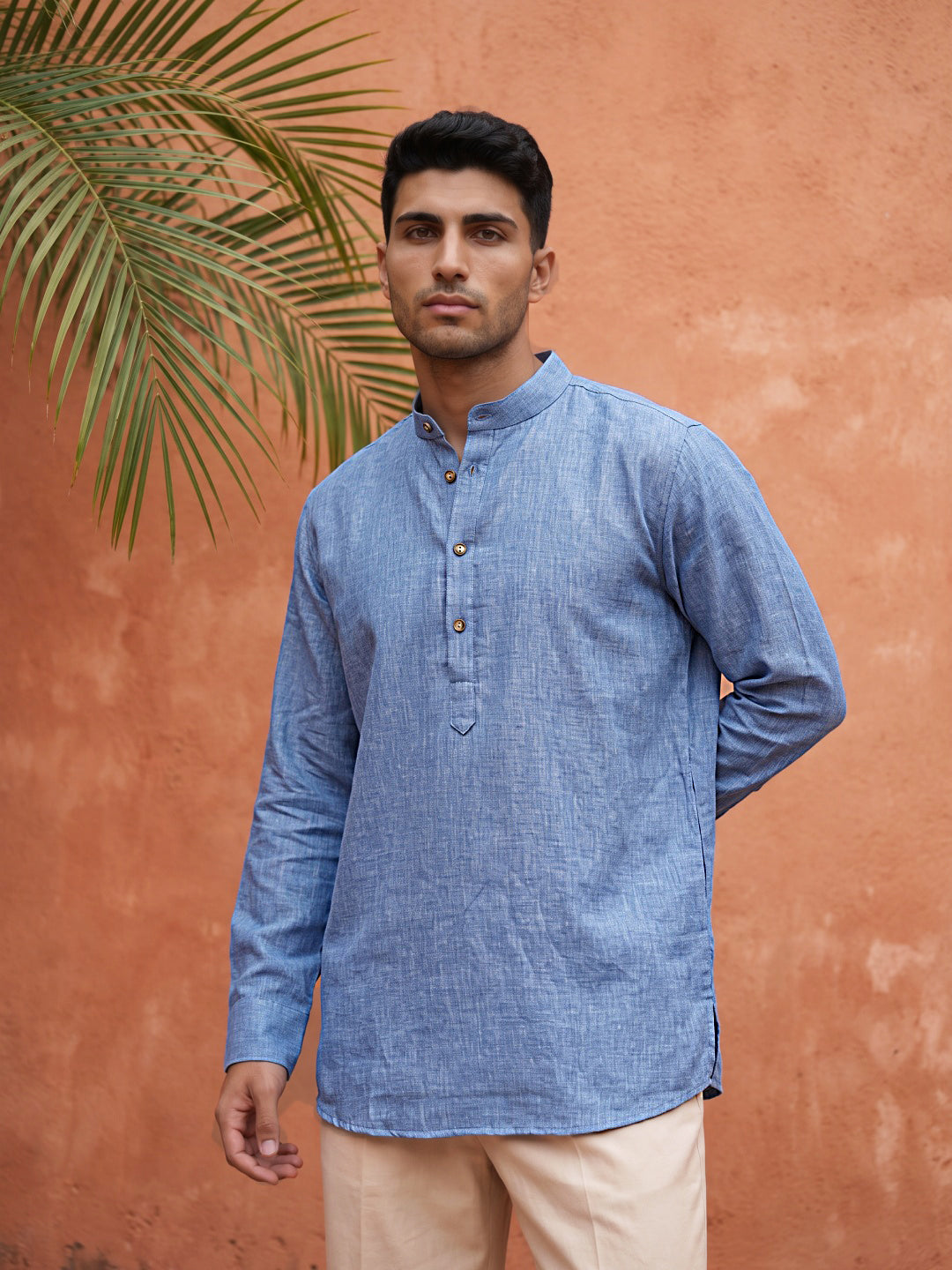 Linen Blend Solid Short Kurta ( 65SK 5613Blue )