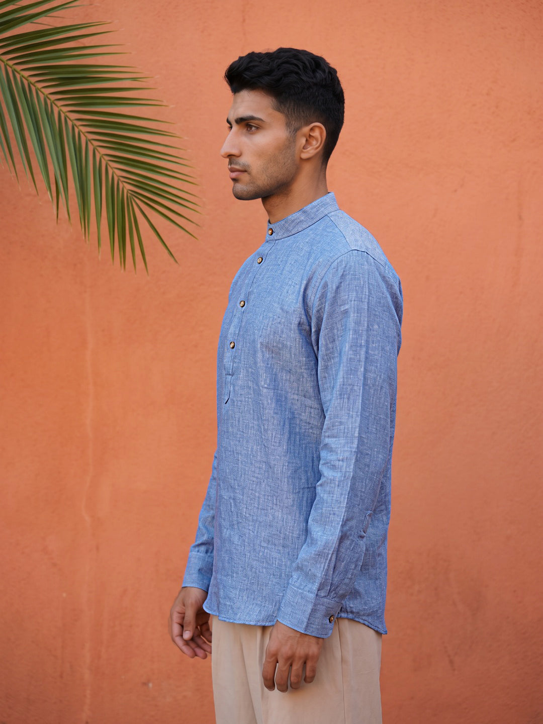 Linen Blend Solid Short Kurta ( 65SK 5613Blue )