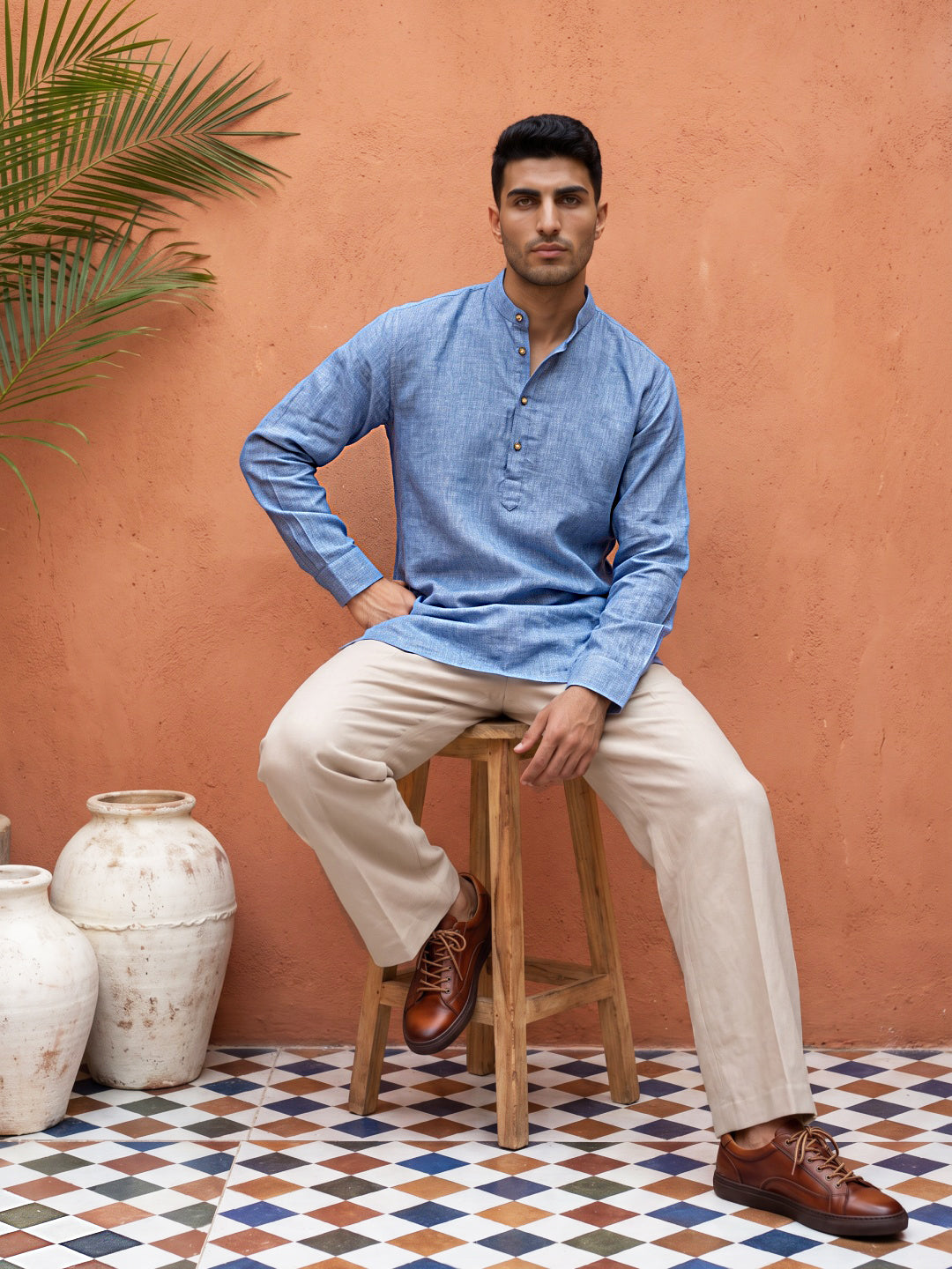 Linen Blend Solid Short Kurta ( 65SK 5613Blue )