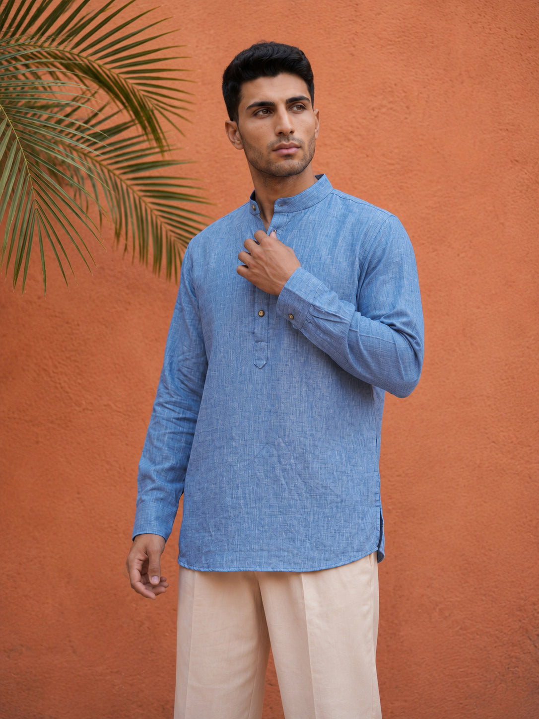 Linen Blend Solid Short Kurta ( 65SK 5613Blue )