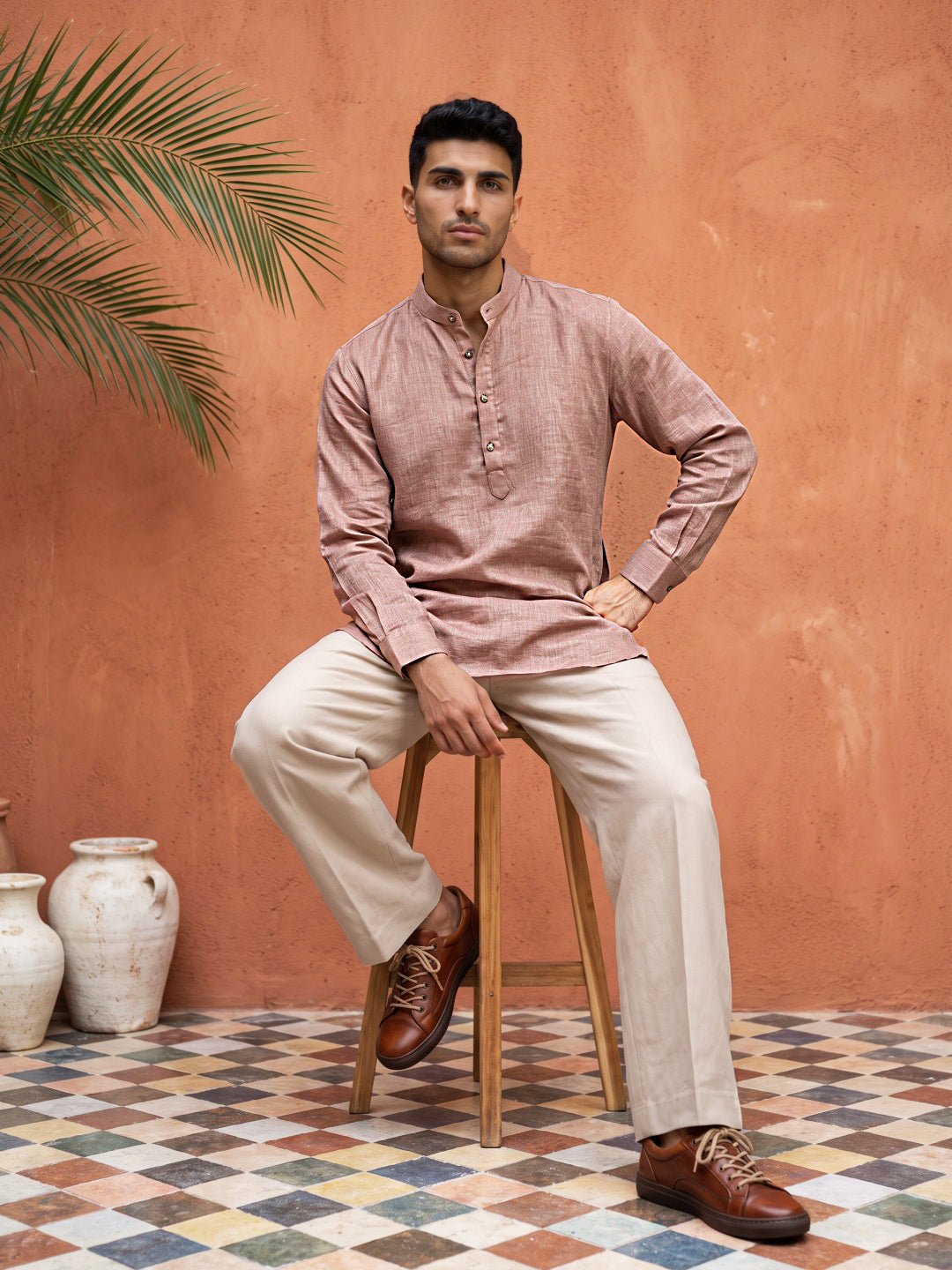Linen Blend Solid Short Kurta ( 65SK 5613Coral )