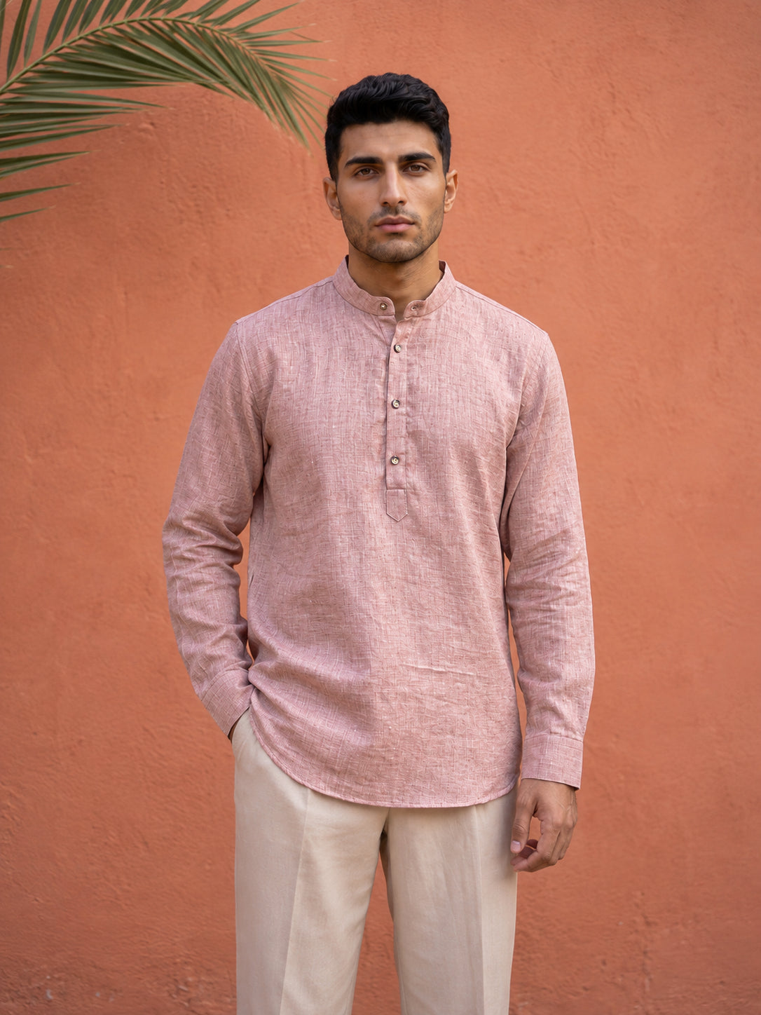 Linen Blend Solid Short Kurta ( 65SK 5613Coral )