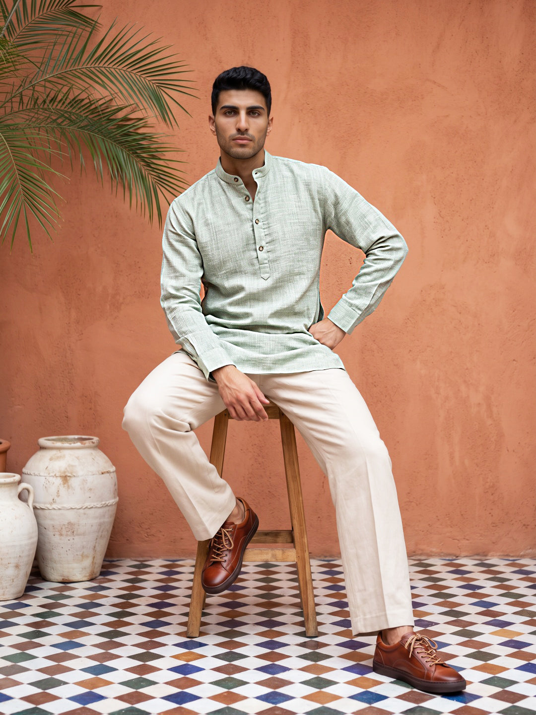 Linen Blend Solid Short Kurta ( 65SK 5613Green )