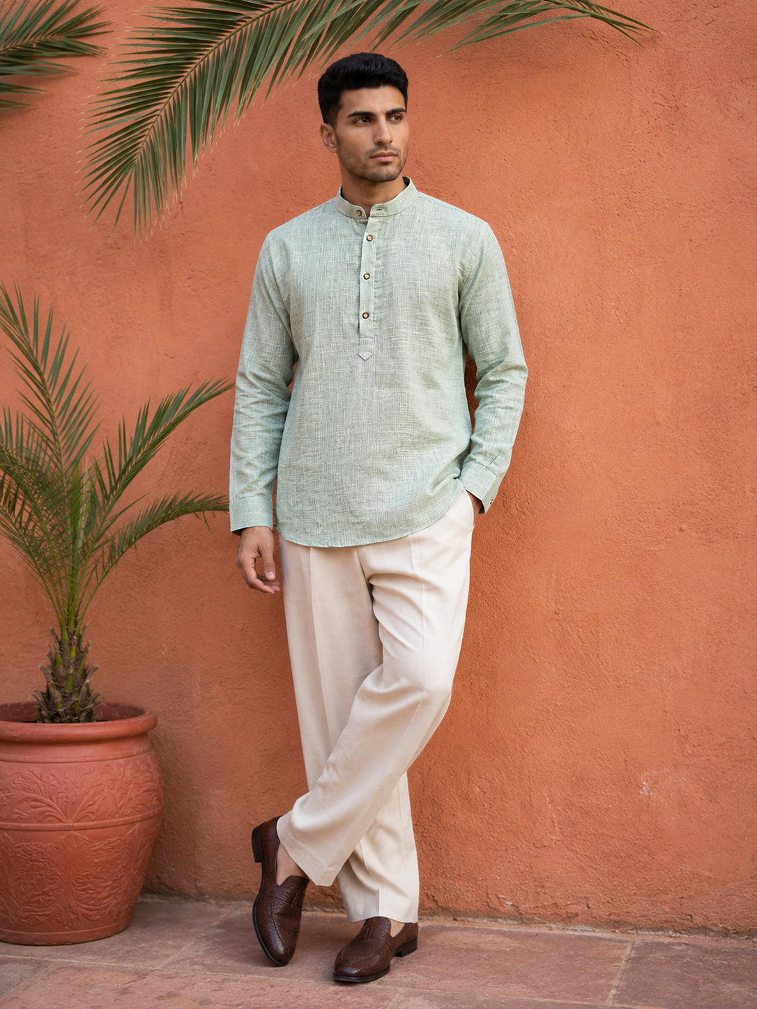 Linen Blend Solid Short Kurta ( 65SK 5613Green )