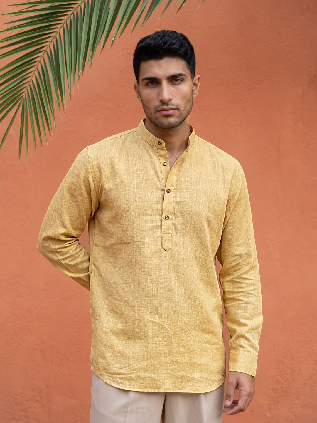 Linen Blend Solid Short Kurta ( 65SK 5613Yellow )