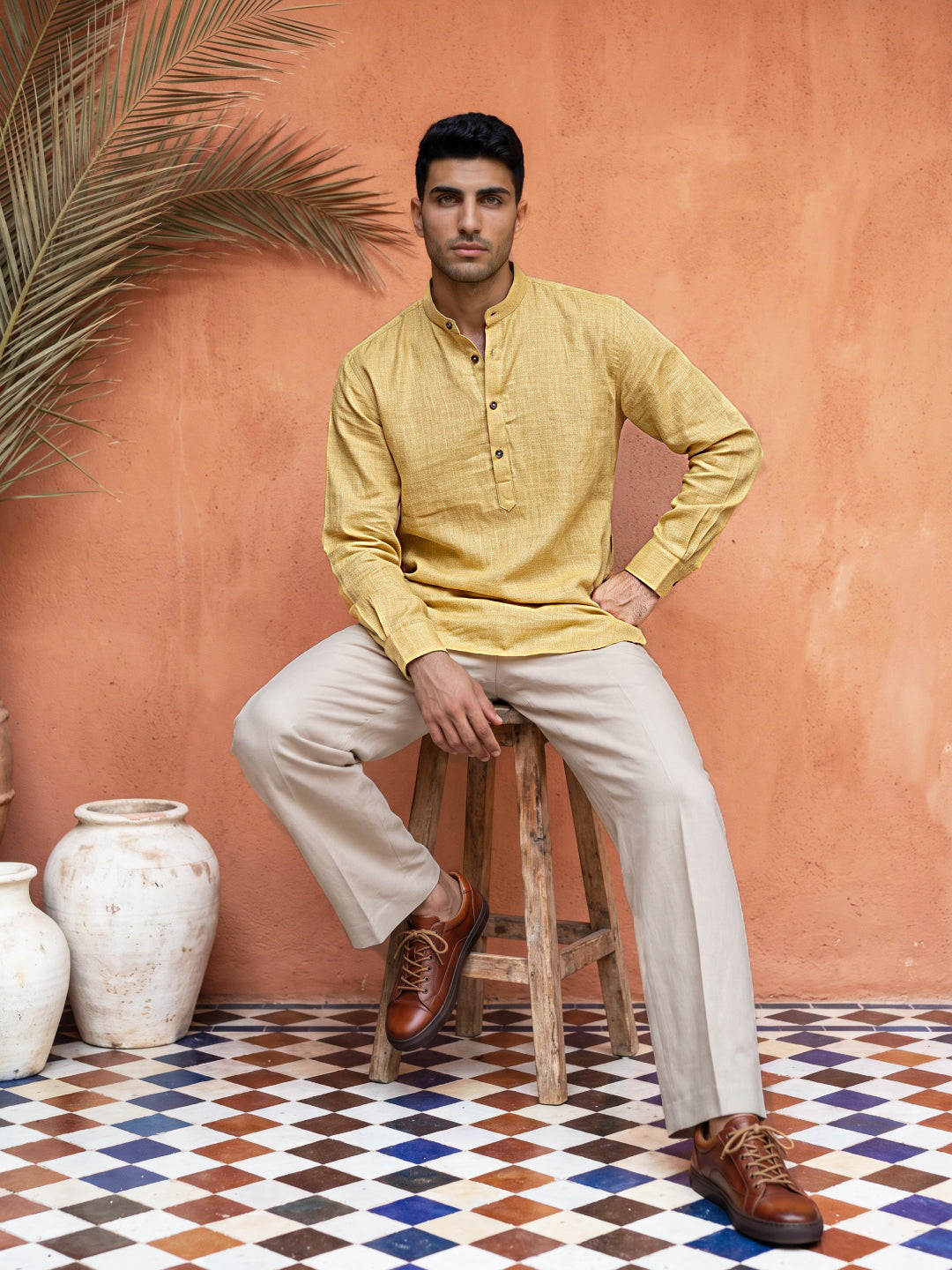 Linen Blend Solid Short Kurta ( 65SK 5613Yellow )