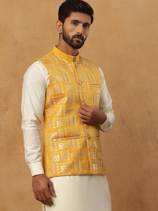 Men’s Silk Blend Embroidered Nehru Jacket (65WC 4150 Mustard )