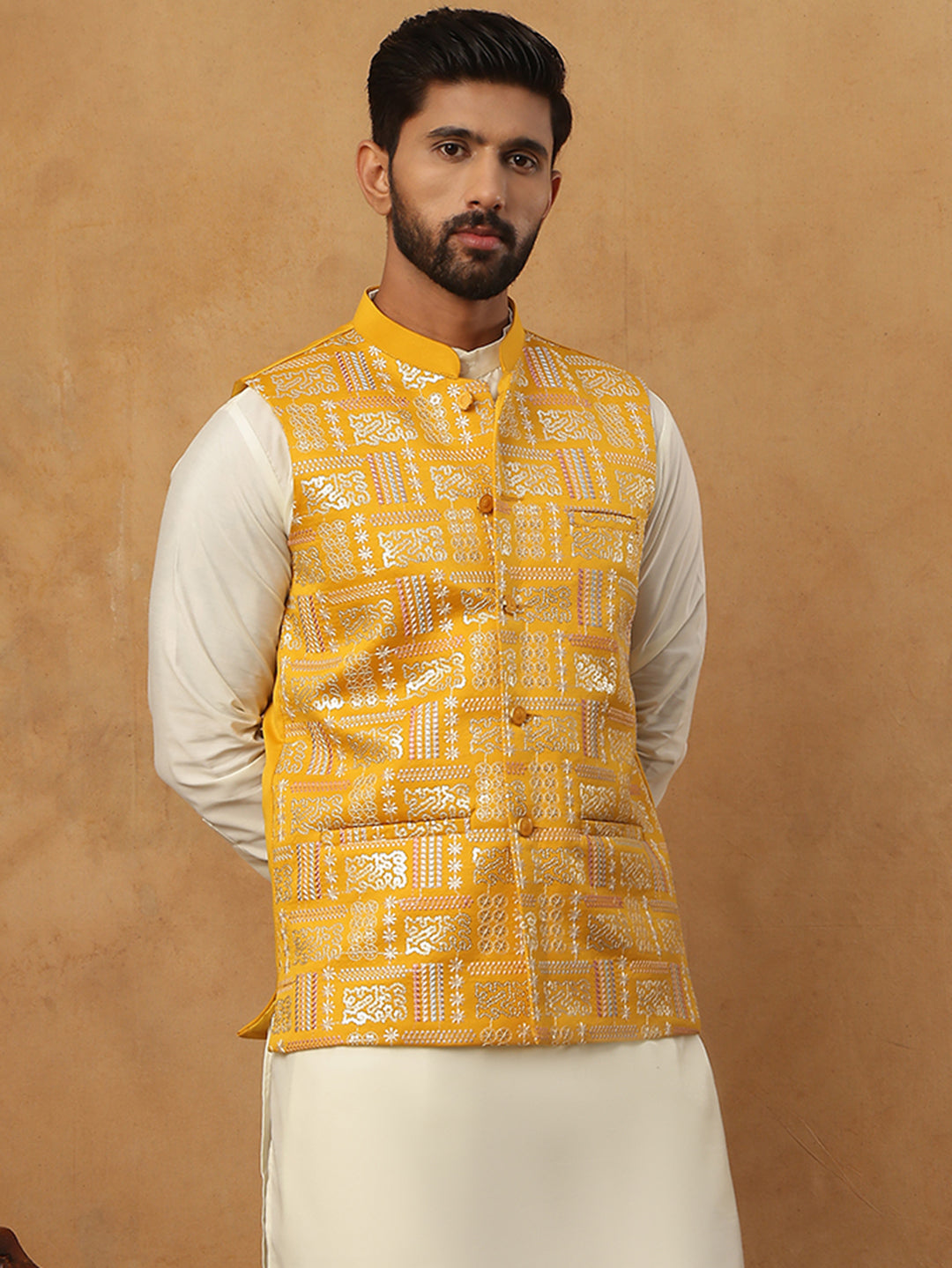 Men’s Silk Blend Embroidered Nehru Jacket (65WC 4150 Mustard )