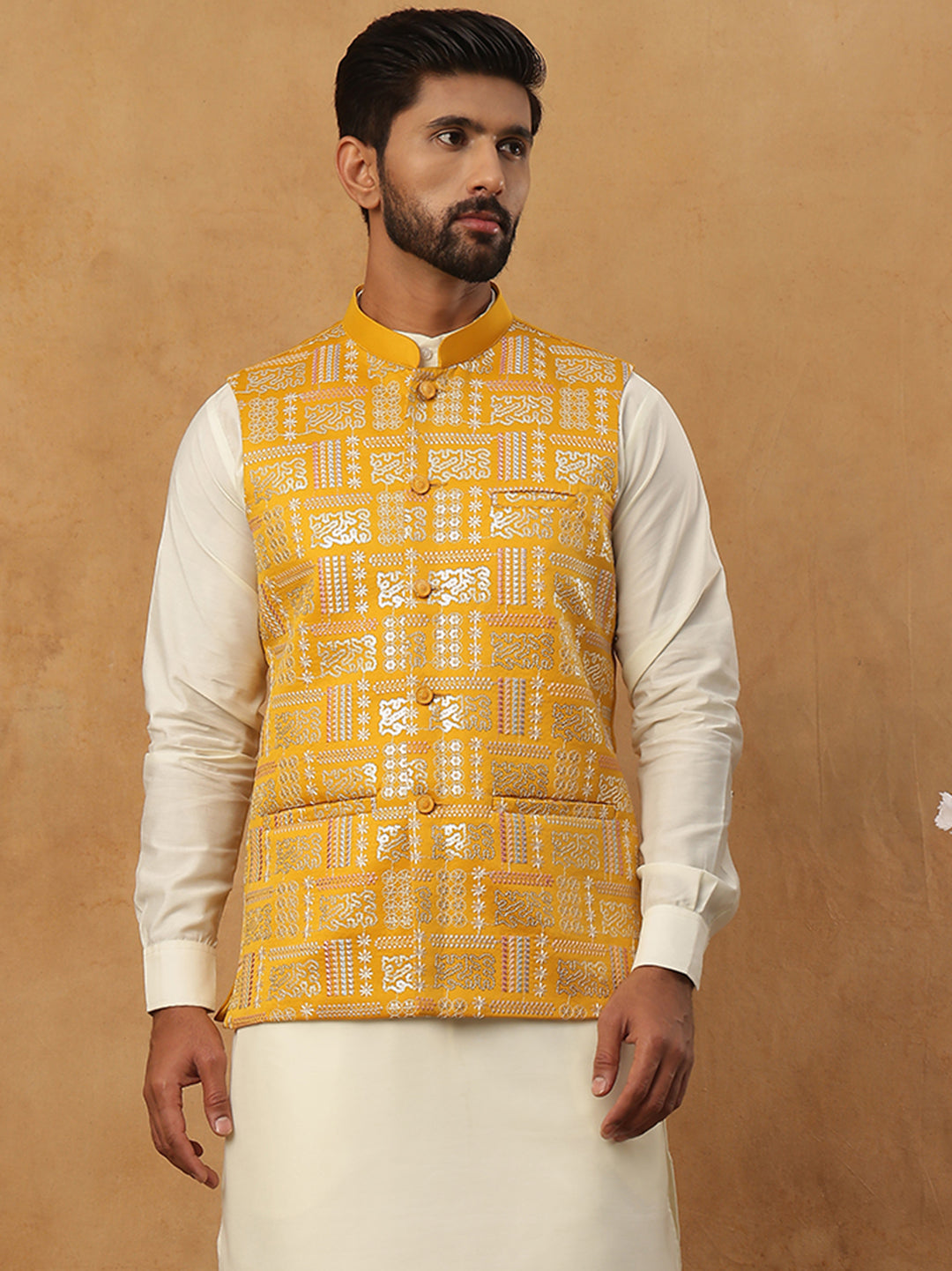 Men’s Silk Blend Embroidered Nehru Jacket (65WC 4150 Mustard )